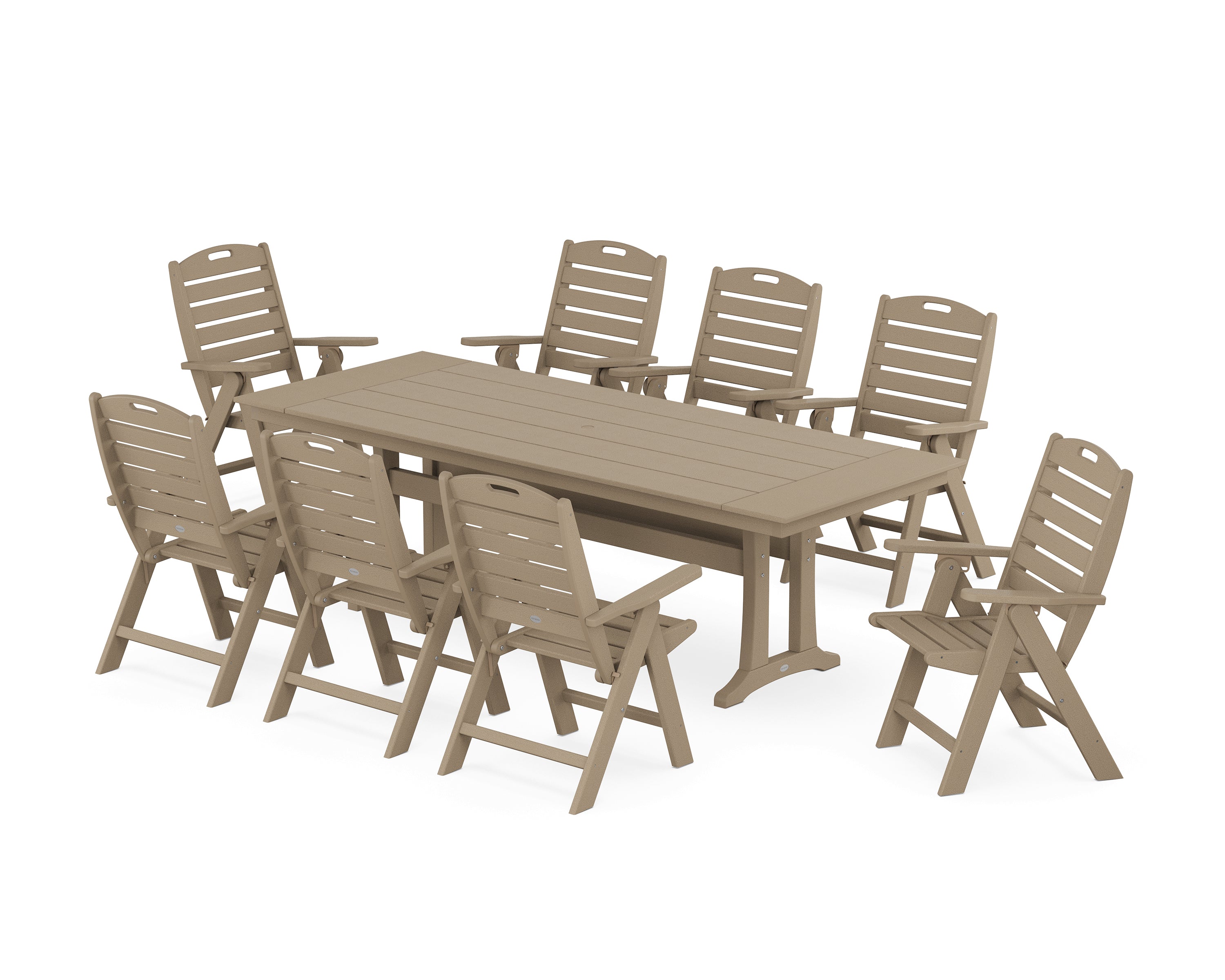 POLYWOOD Nautical Highback 9-Piece Farmhouse Dining Set with Trestle Legs in Vintage Sahara