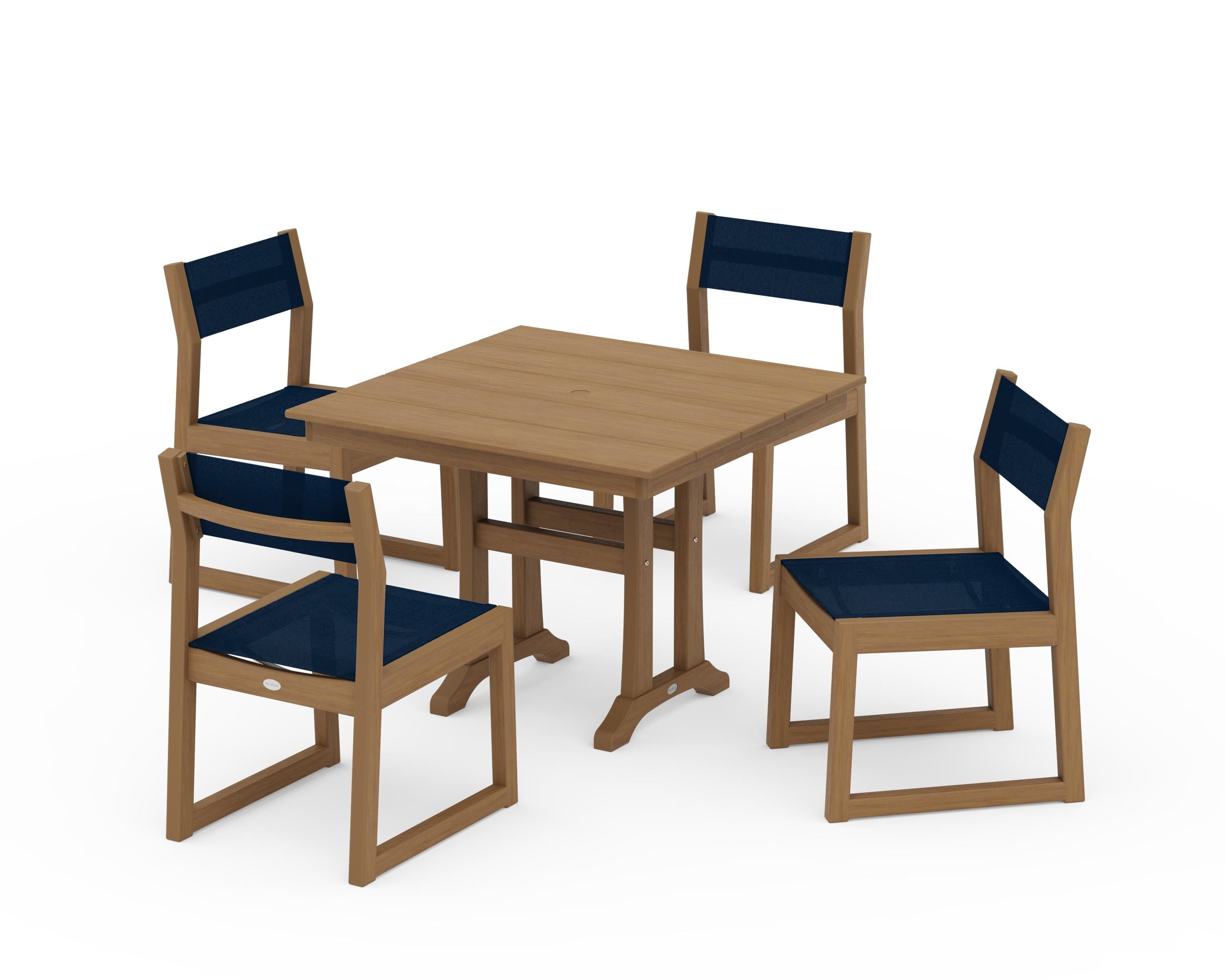 POLYWOOD EDGE Sling 5-Piece Farmhouse Trestle Side Chair Dining Set in Natural / Navy Blue Sling