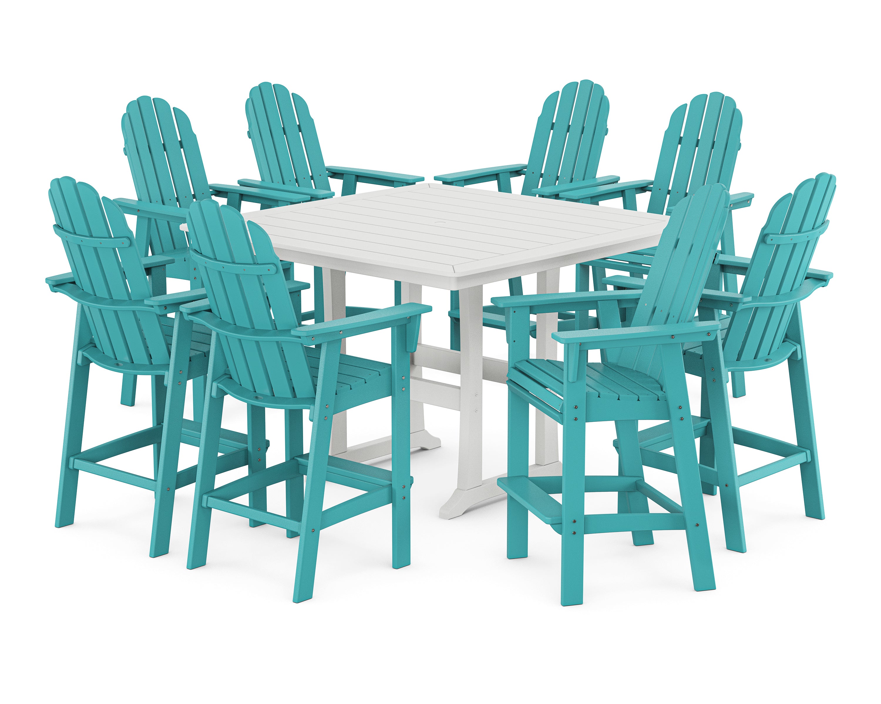 POLYWOOD® Vineyard Curveback Adirondack 9-Piece Trestle Bar Set in Aruba / White