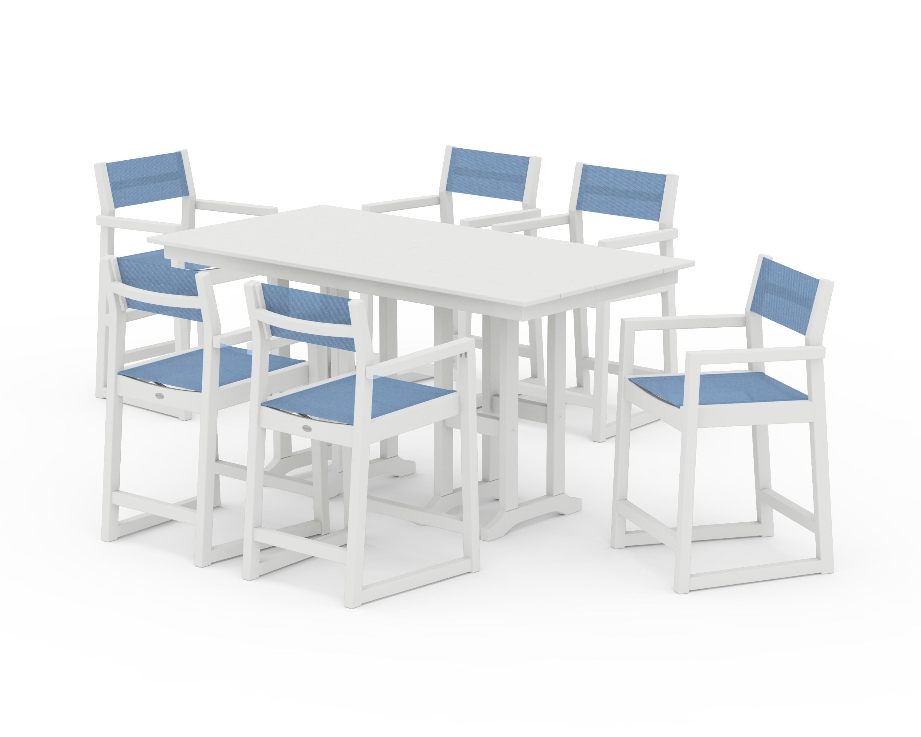 POLYWOOD EDGE Sling Arm Chair 7-Piece Farmhouse Counter Set in Vintage White / Poolside Sling