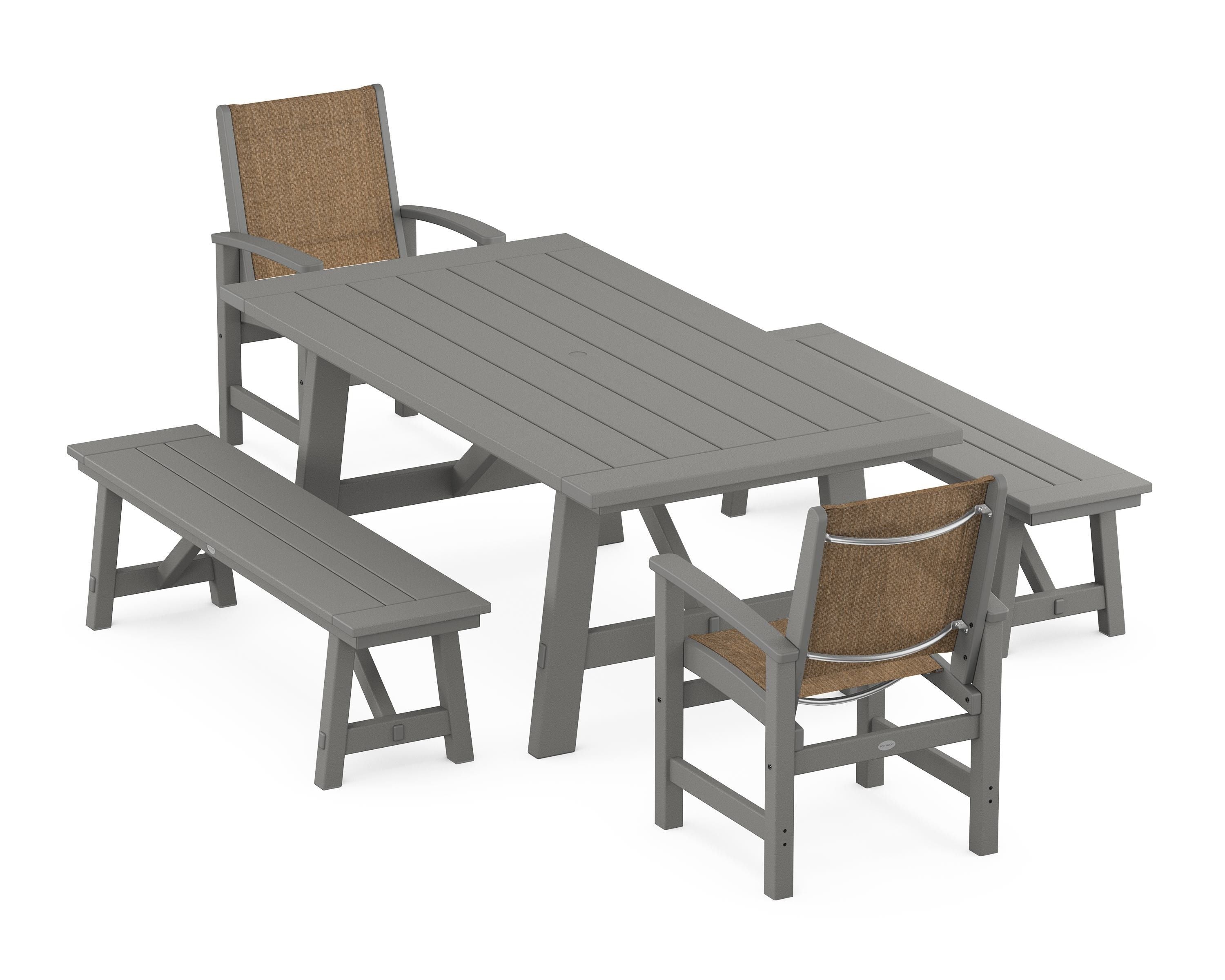 POLYWOOD Coastal 5-Piece Rustic Farmhouse Dining Set With Benches in Slate Grey / Burlap Sling