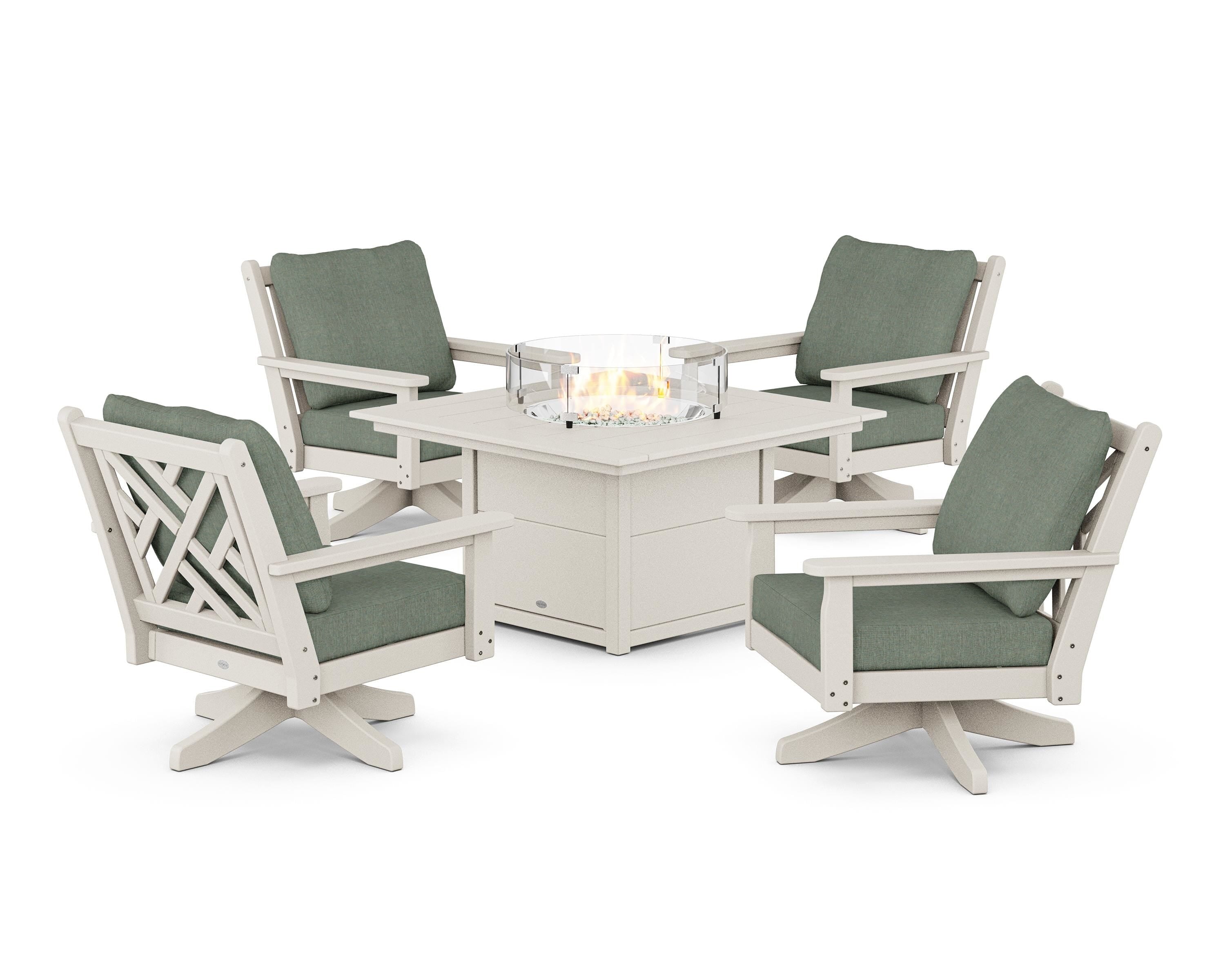 POLYWOOD Chippendale 5-Piece Deep Seating Swivel Conversation Set with Fire Pit Table in Sand / Cast Sage