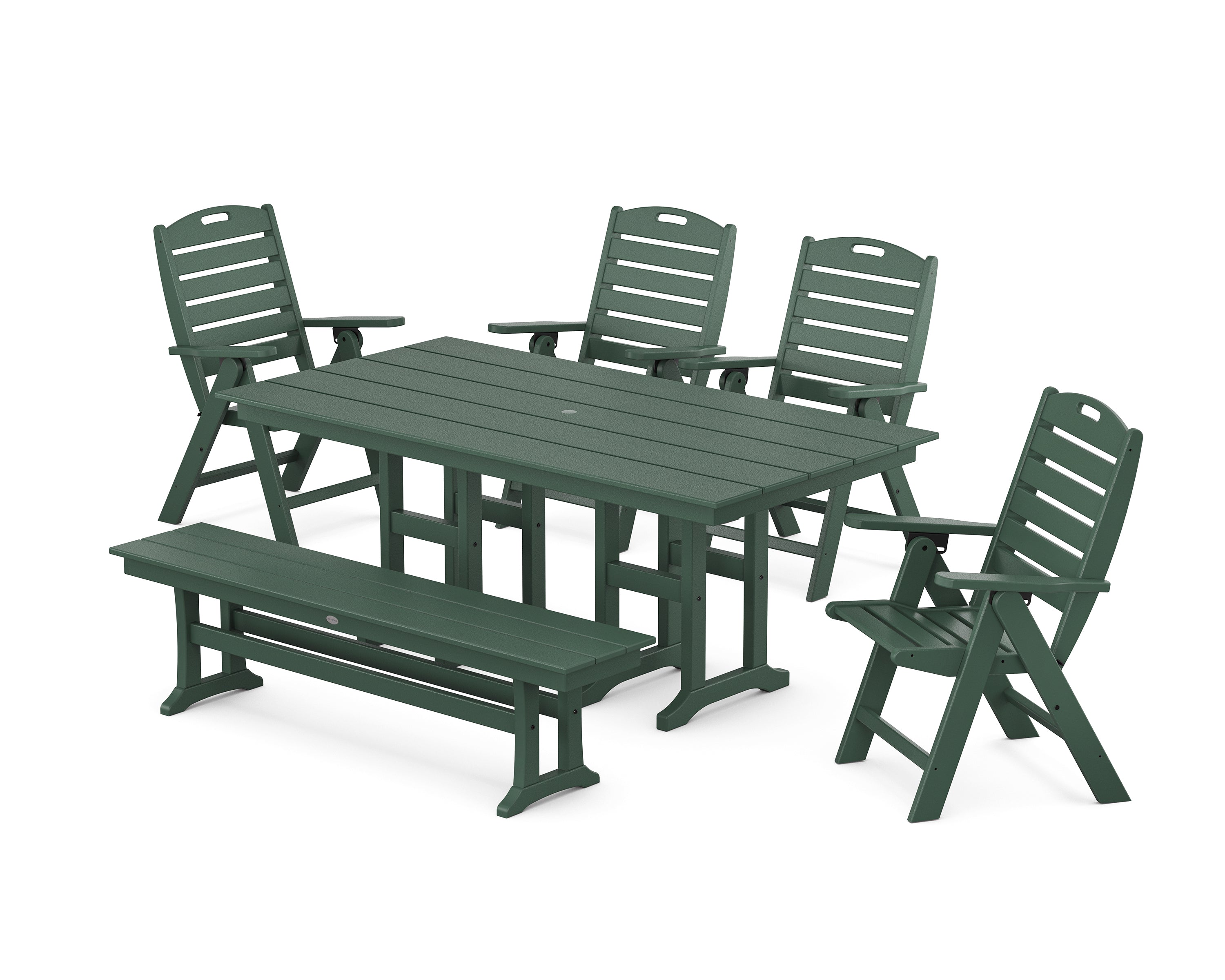 POLYWOOD Nautical Highback 6-Piece Farmhouse Dining Set with Bench in Green