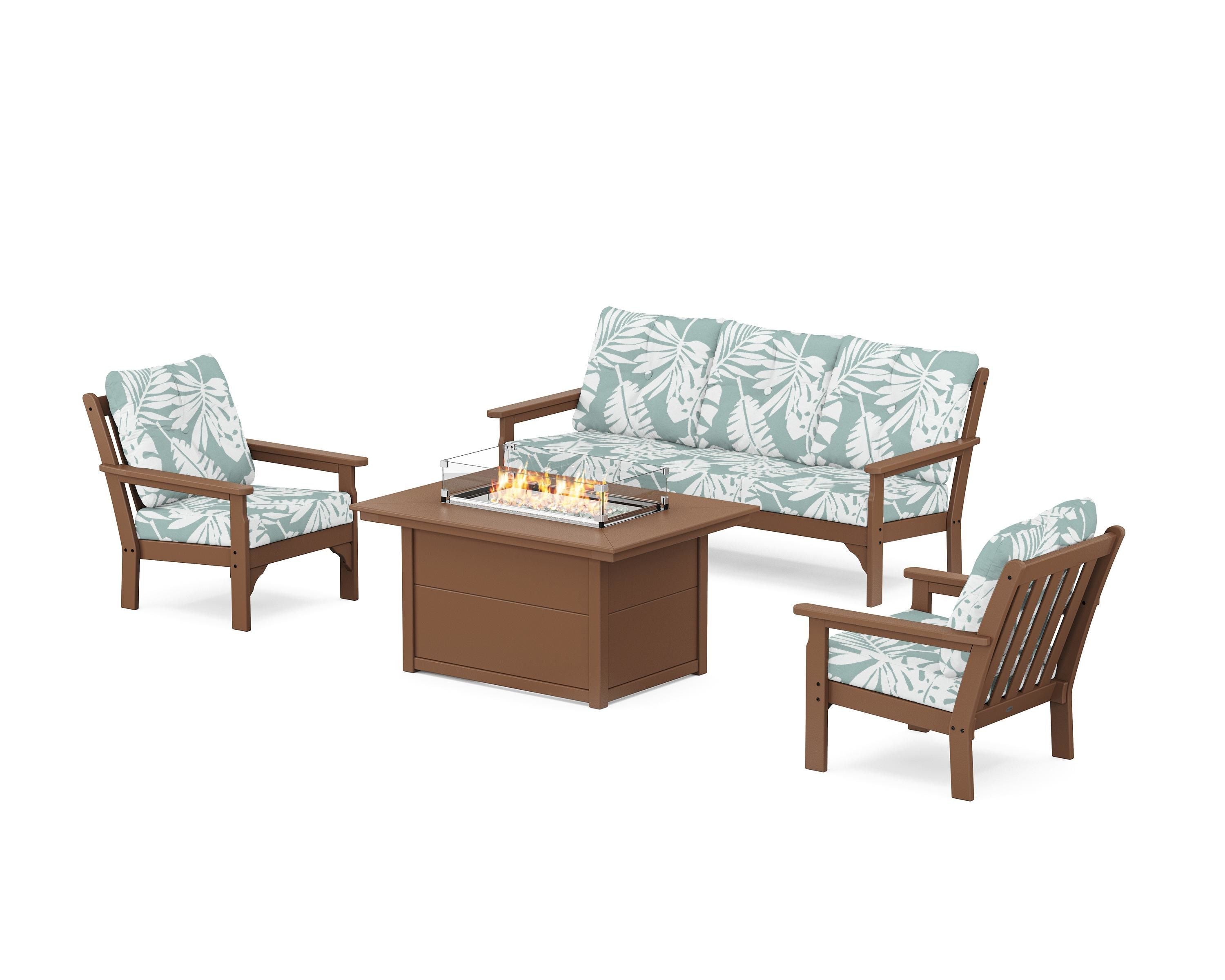 POLYWOOD Vineyard Deep Seating Fire Pit Table Set in Teak / Leaf Glacier Spa