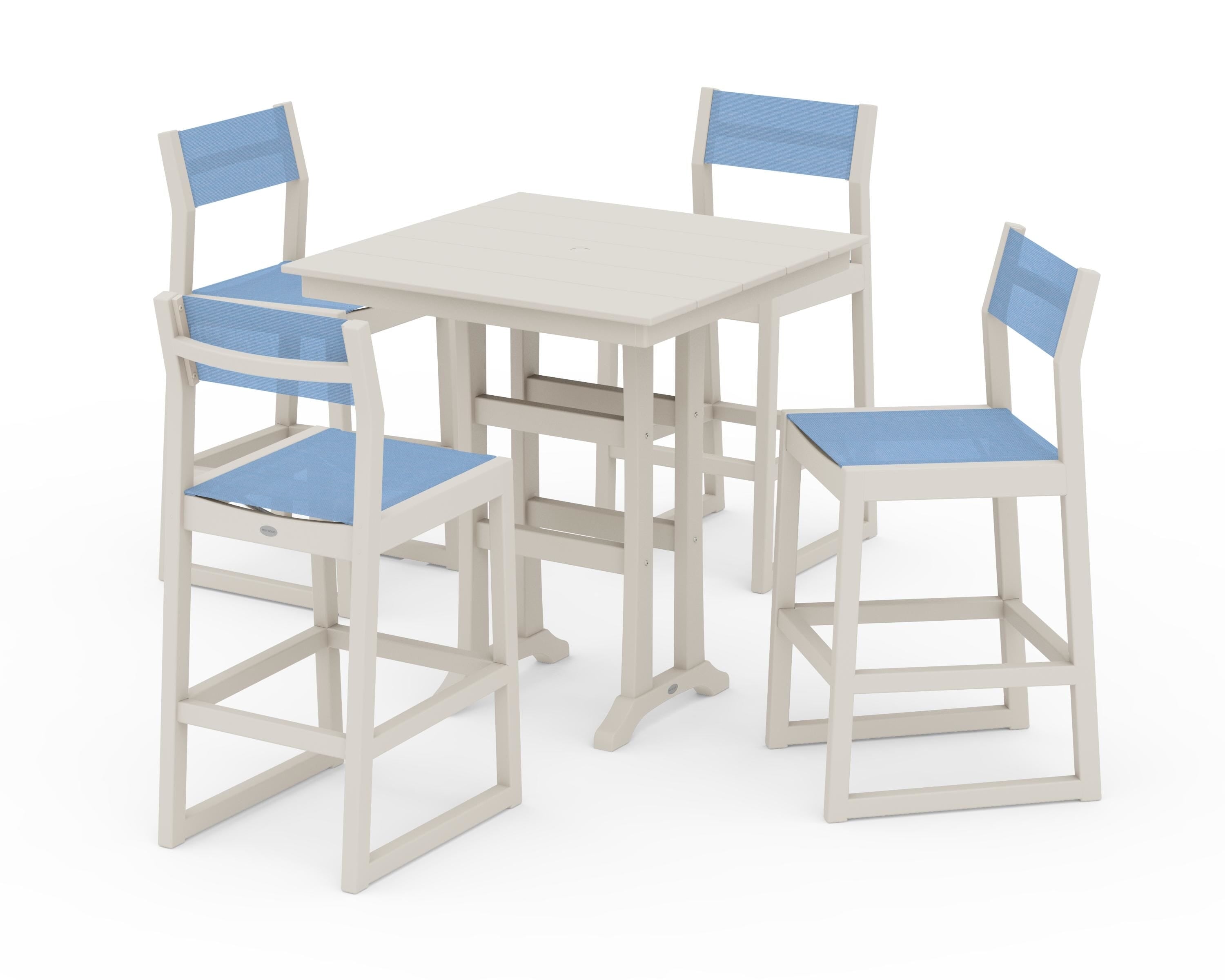 POLYWOOD EDGE Sling Arm Chair 5-Piece Farmhouse Bar Set with Trestle Legs in Sand / Poolside Sling