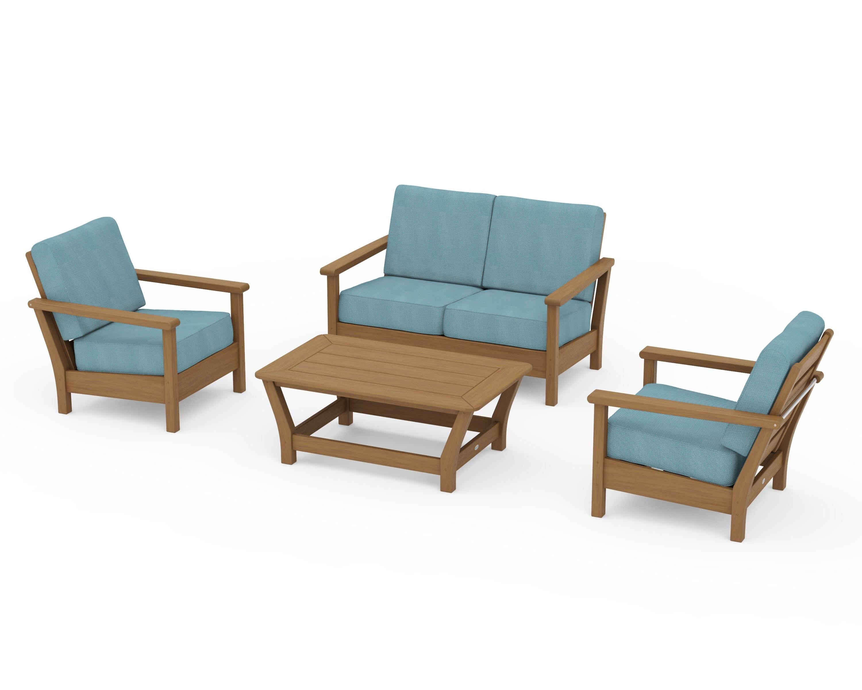 POLYWOOD Harbour 4-Piece Deep Seating Set in Natural / Lattice Sky Blue