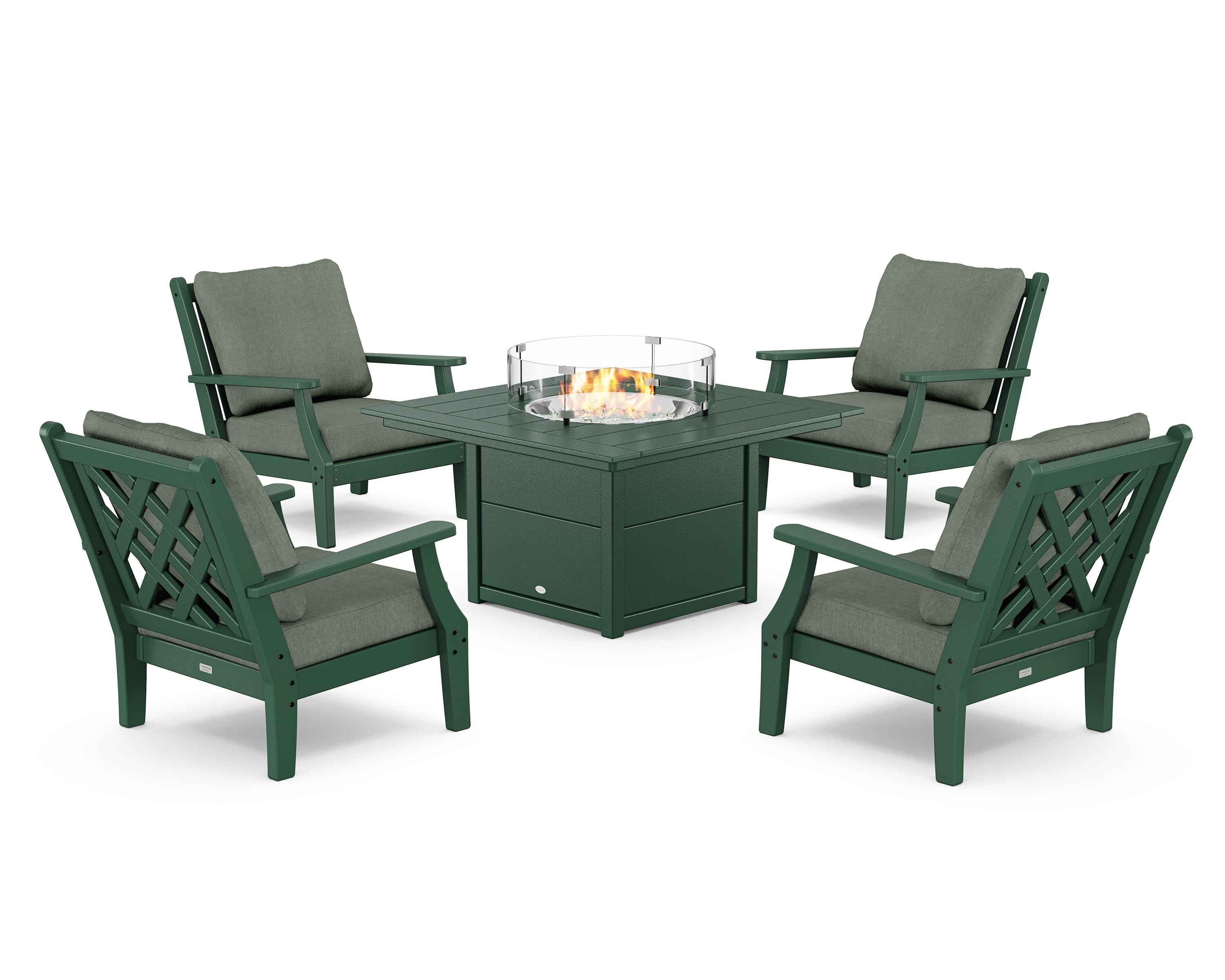 Country Living Wovendale 5-Piece Deep Seating Set with Fire Pit Table in Green / Cast Sage
