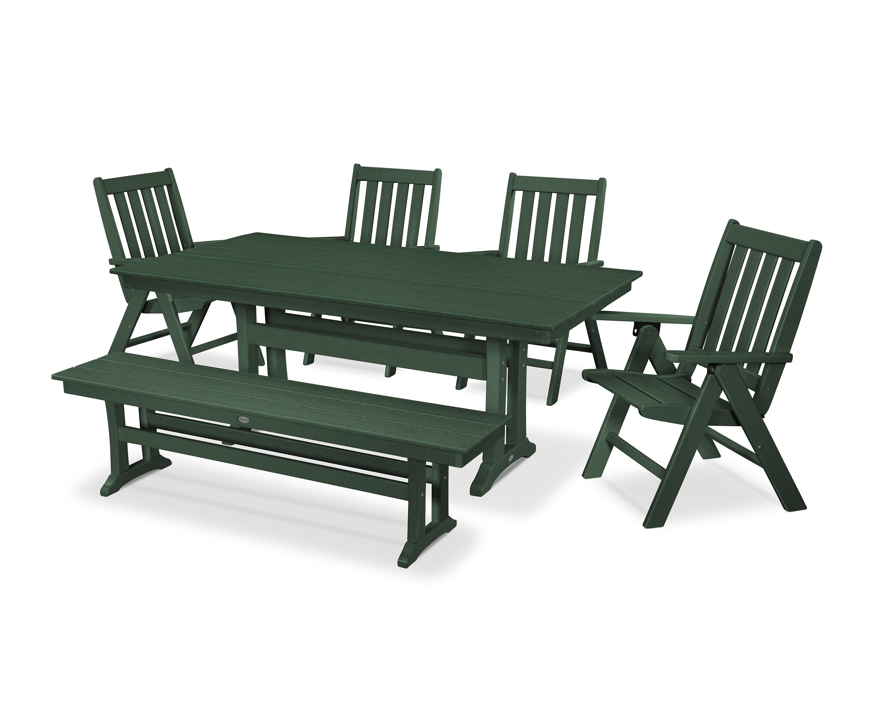POLYWOOD® Vineyard 6-Piece Folding Chair Farmhouse Dining Set with Trestle Legs and Bench in Green