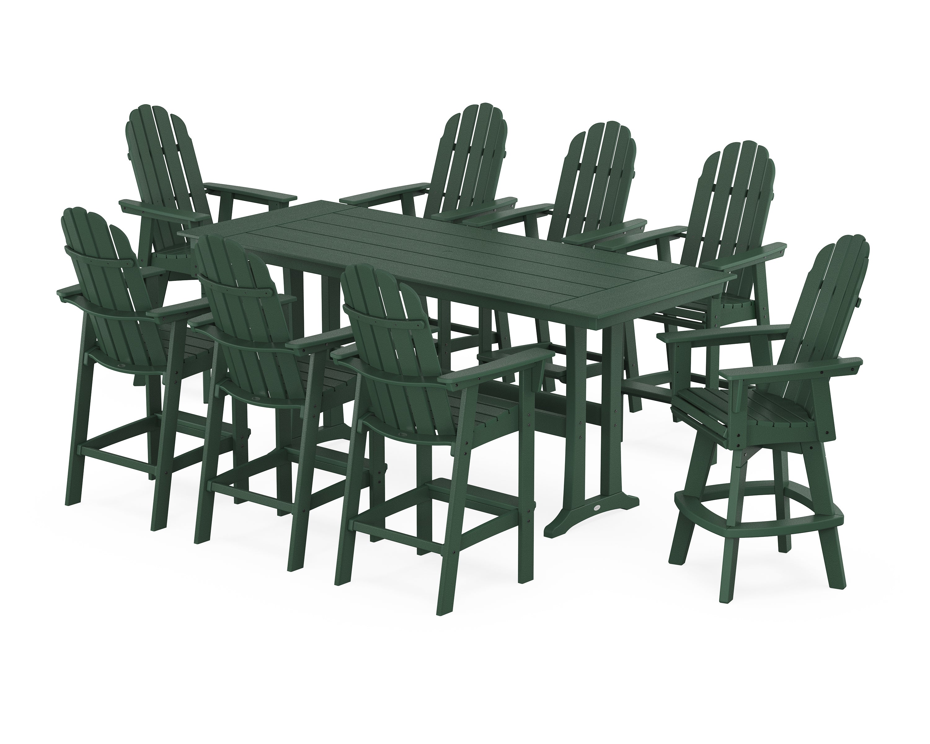 POLYWOOD® Vineyard Curveback Adirondack Swivel 9-Piece Farmhouse Bar Set with Trestle Legs in Green