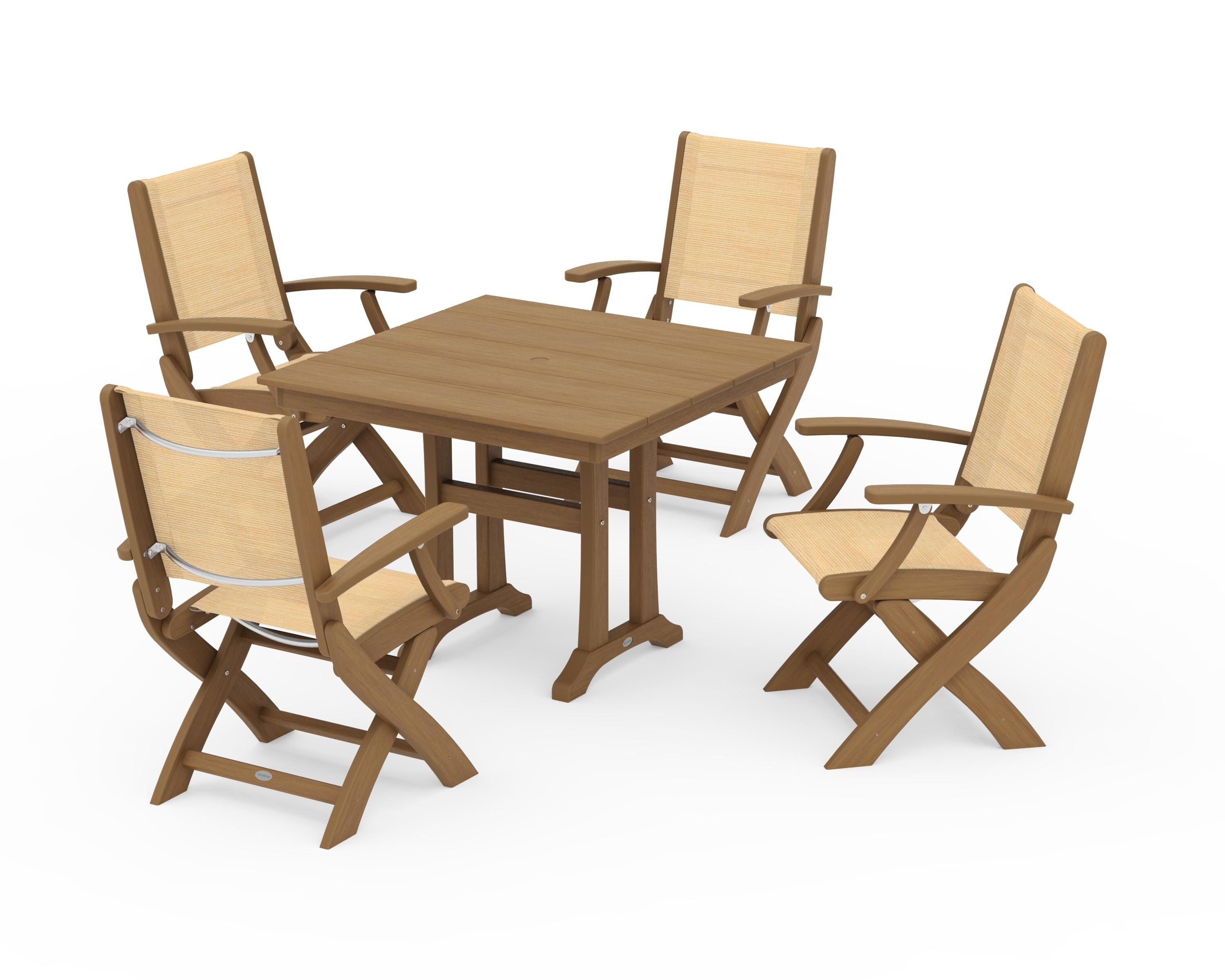 POLYWOOD Coastal Folding Chair 5-Piece Farmhouse Dining Set With Trestle Legs in Natural / Dupioni Apricot Sling