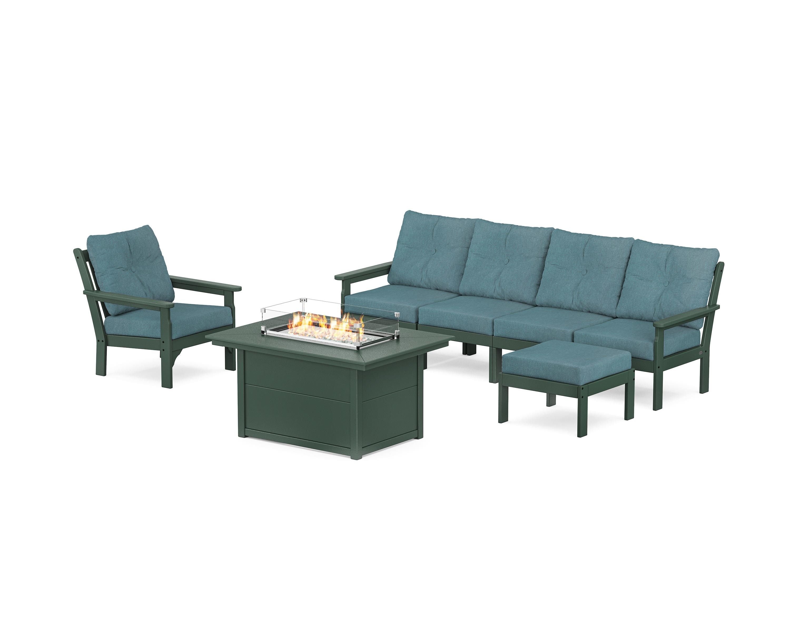 POLYWOOD Vineyard Sectional Lounge and Fire Pit Set in Green / Ocean Teal