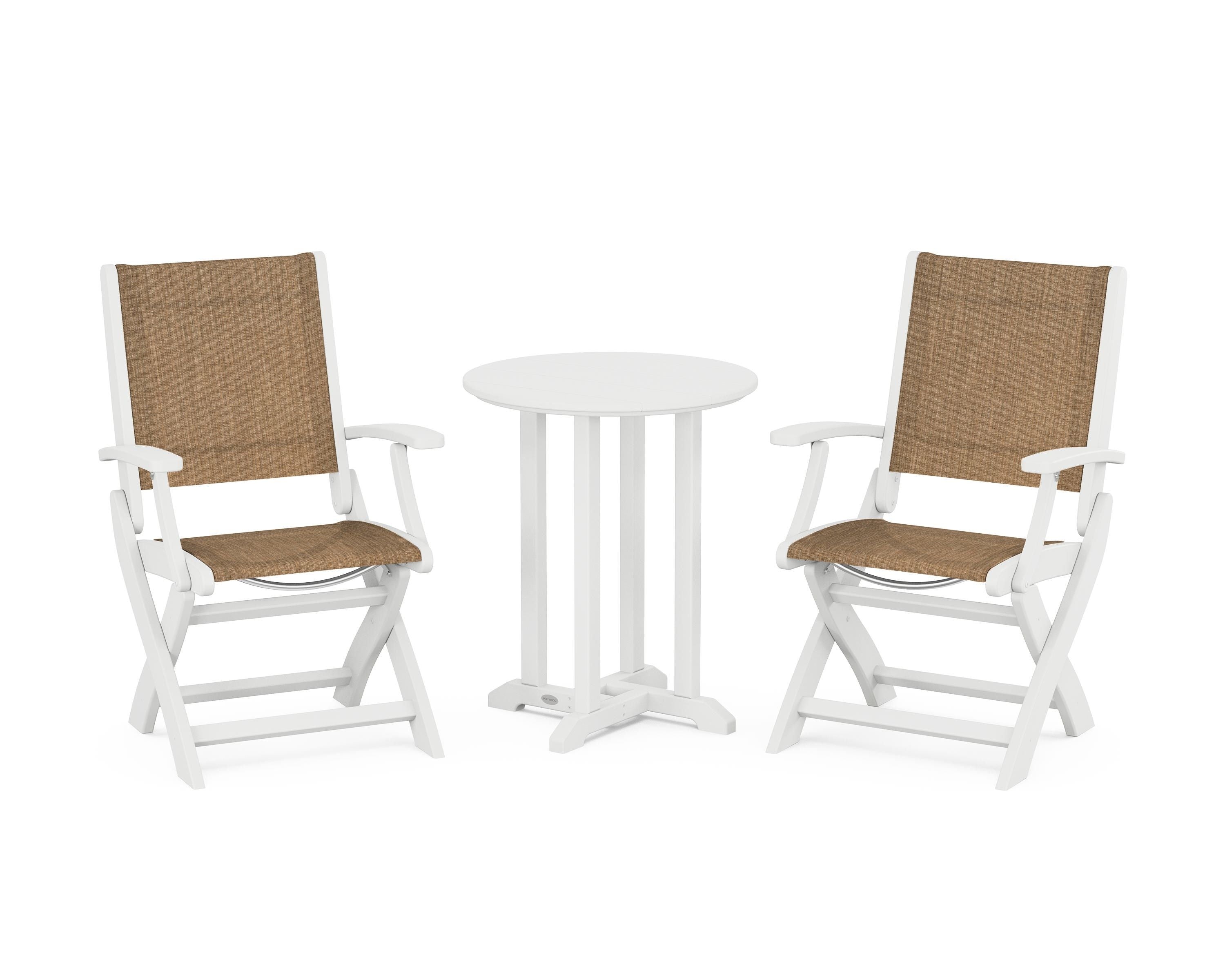 POLYWOOD Coastal Folding 3-Piece Round Bistro Dining Set in White / Burlap Sling