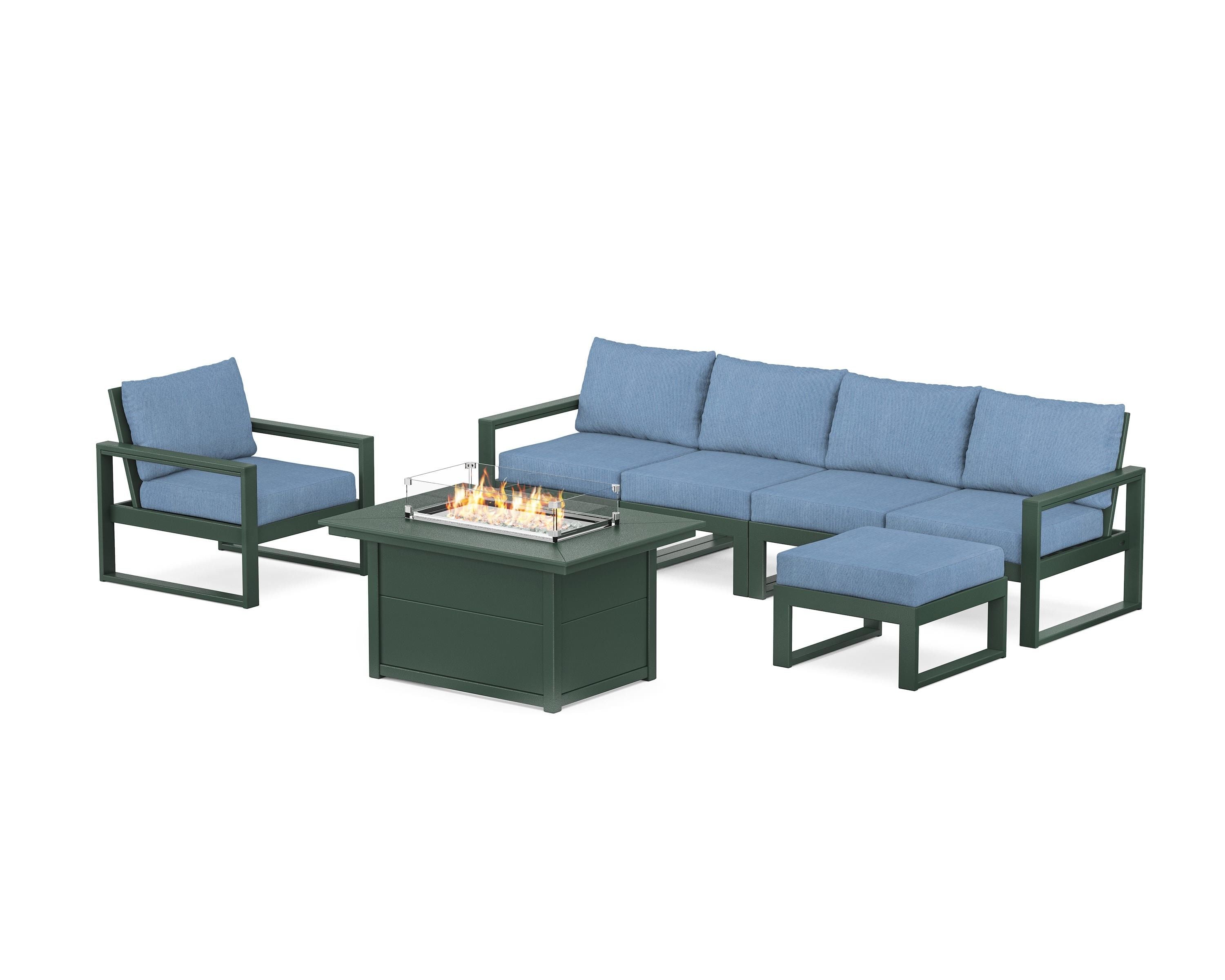 POLYWOOD EDGE Sectional Lounge and Fire Pit Set in Green / Sky Blue