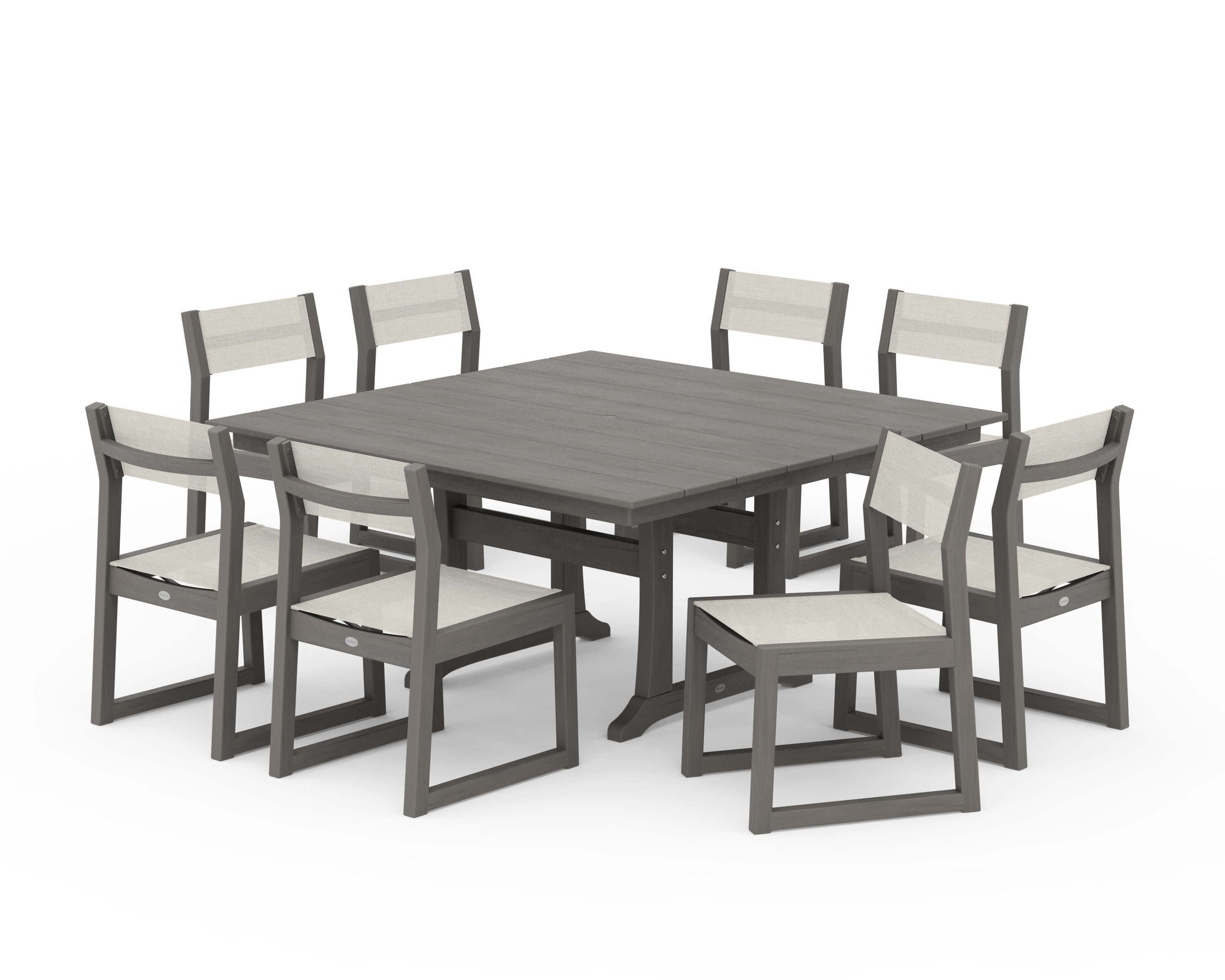 POLYWOOD EDGE Sling Side Chair 9-Piece Farmhouse Trestle Dining Set in Driftwood / Parchment Sling