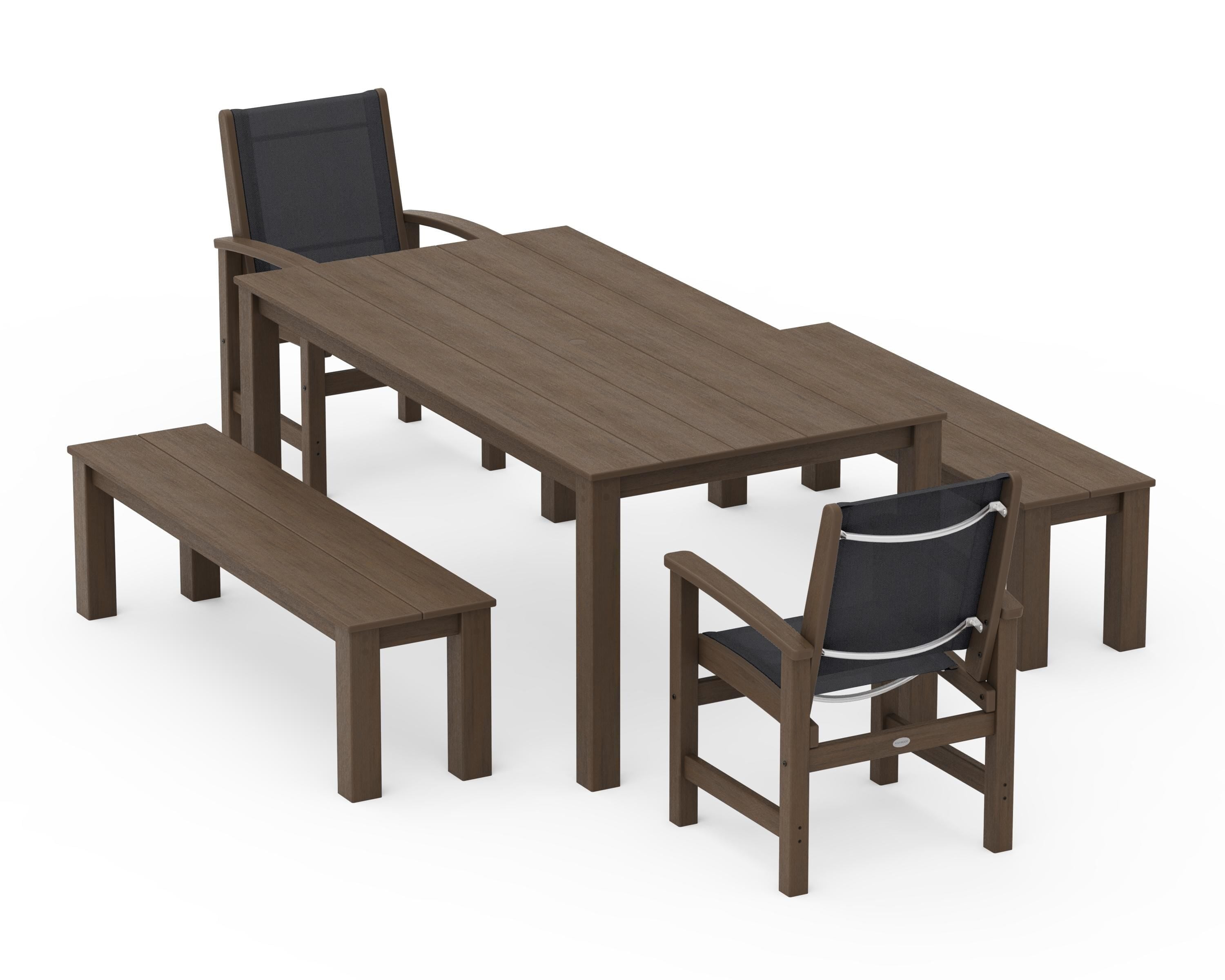 POLYWOOD Coastal 5-Piece Parsons Dining Set with Benches in Kona / Black Sling