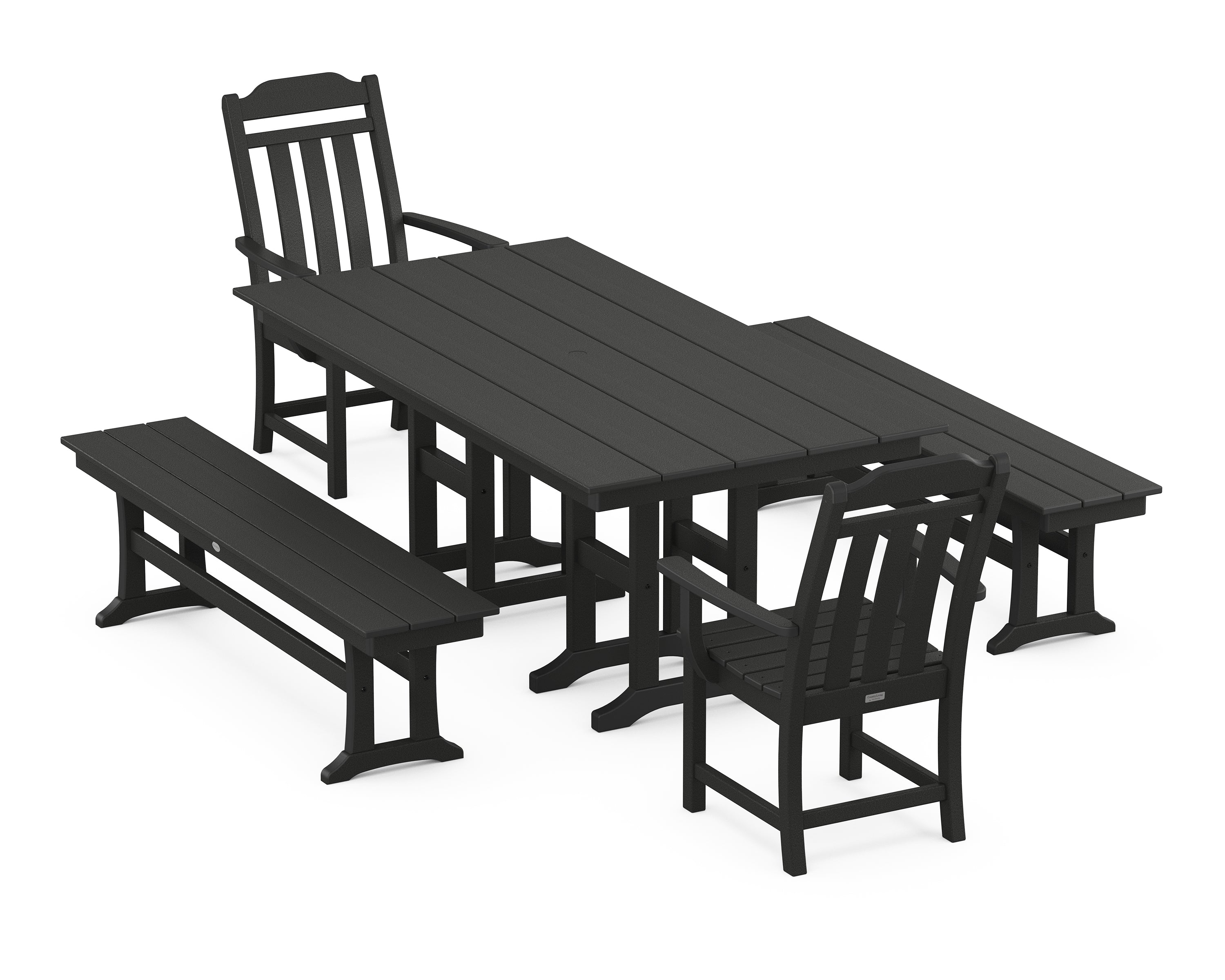 Polywood Country Living 5-Piece Farmhouse Dining Set with Benches in Black