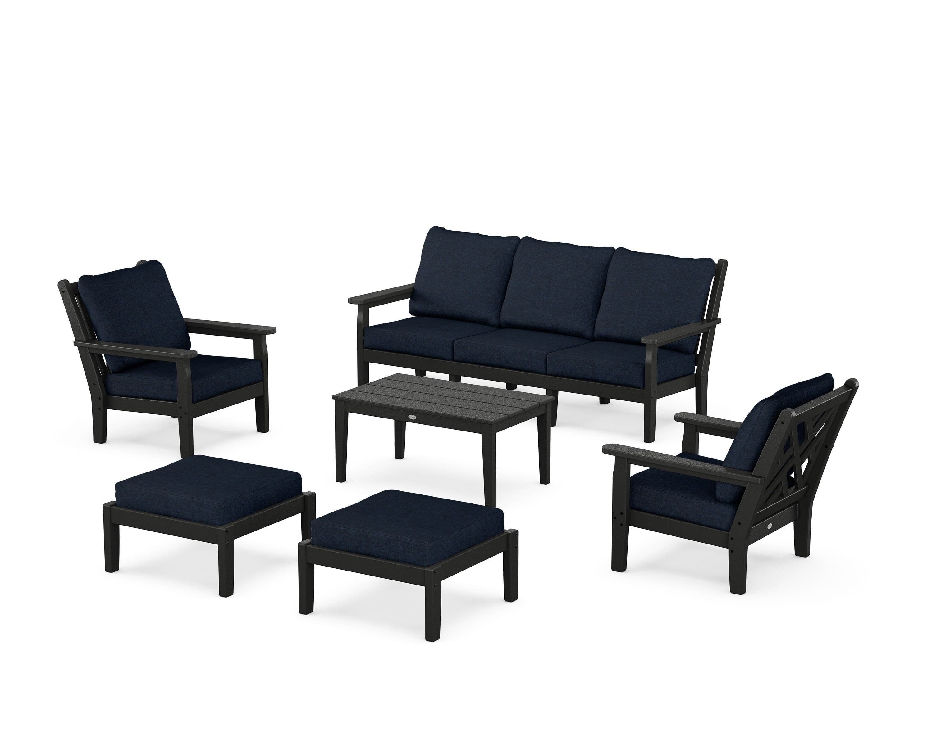 POLYWOOD Chippendale 6-Piece Lounge Sofa Set in Black / Marine Indigo