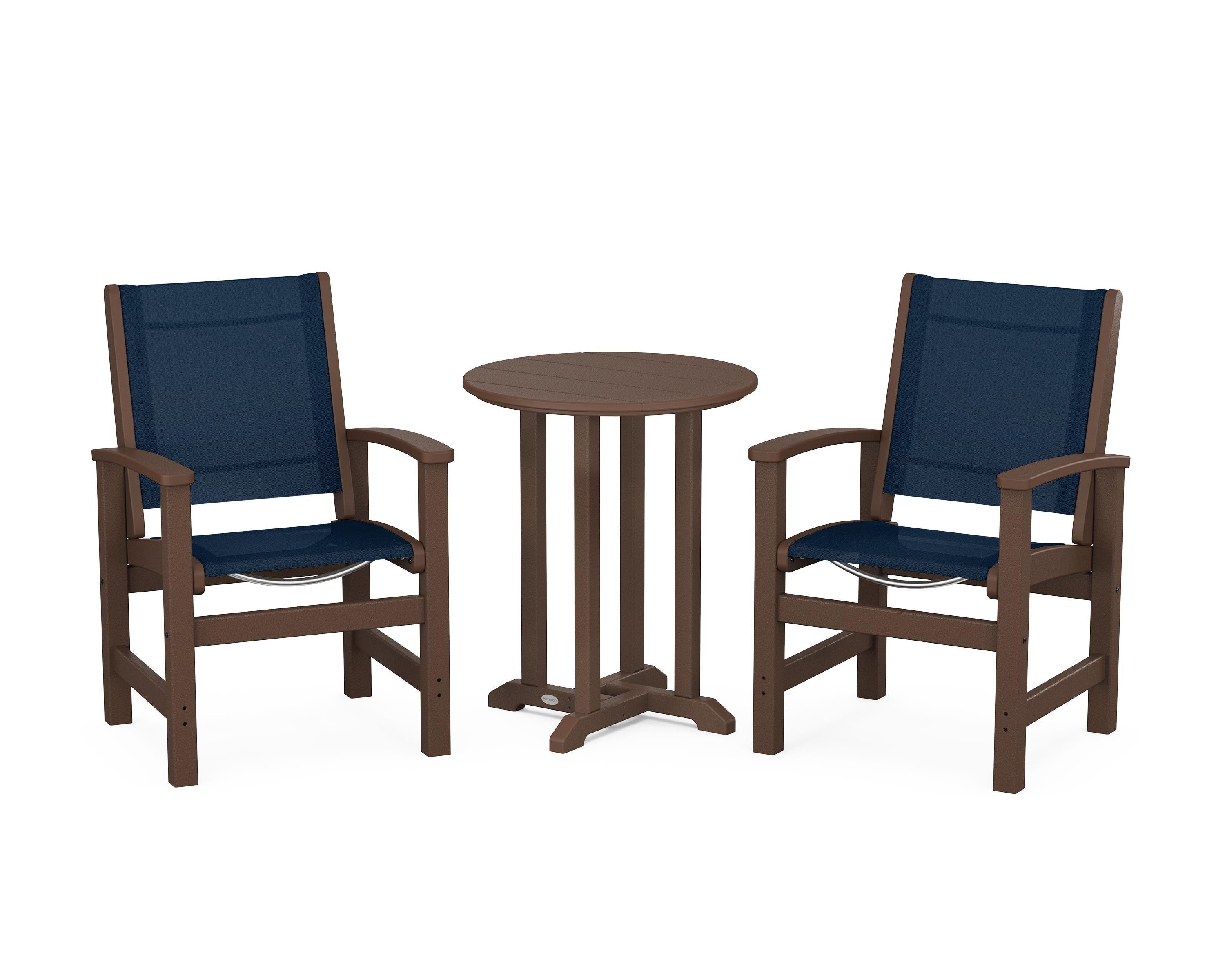 POLYWOOD Coastal 3-Piece Round Bistro Dining Set in Mahogany / Navy Blue Sling