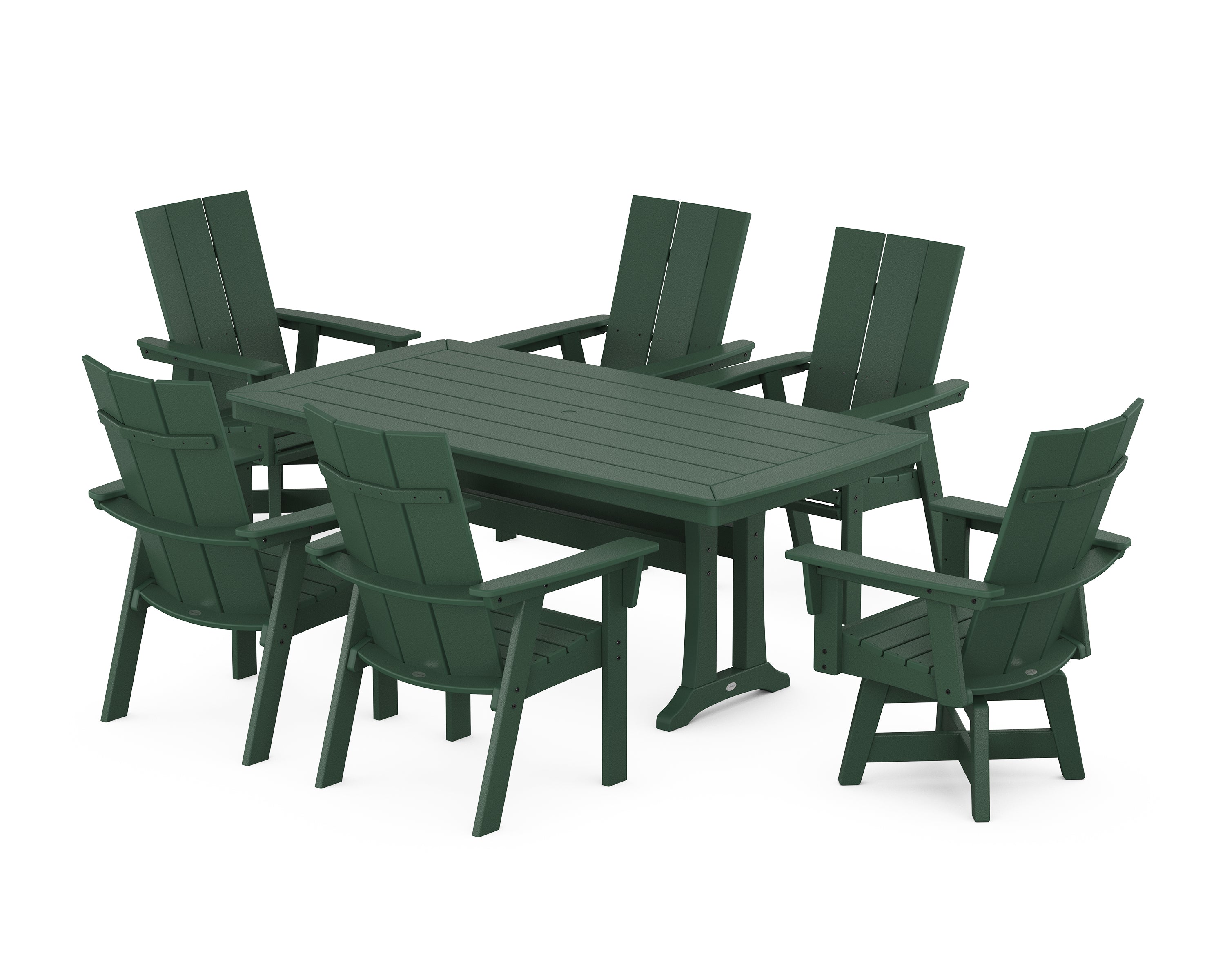 POLYWOOD Modern Adirondack Swivel Chair 7-Piece Dining Set with Trestle Legs in Green