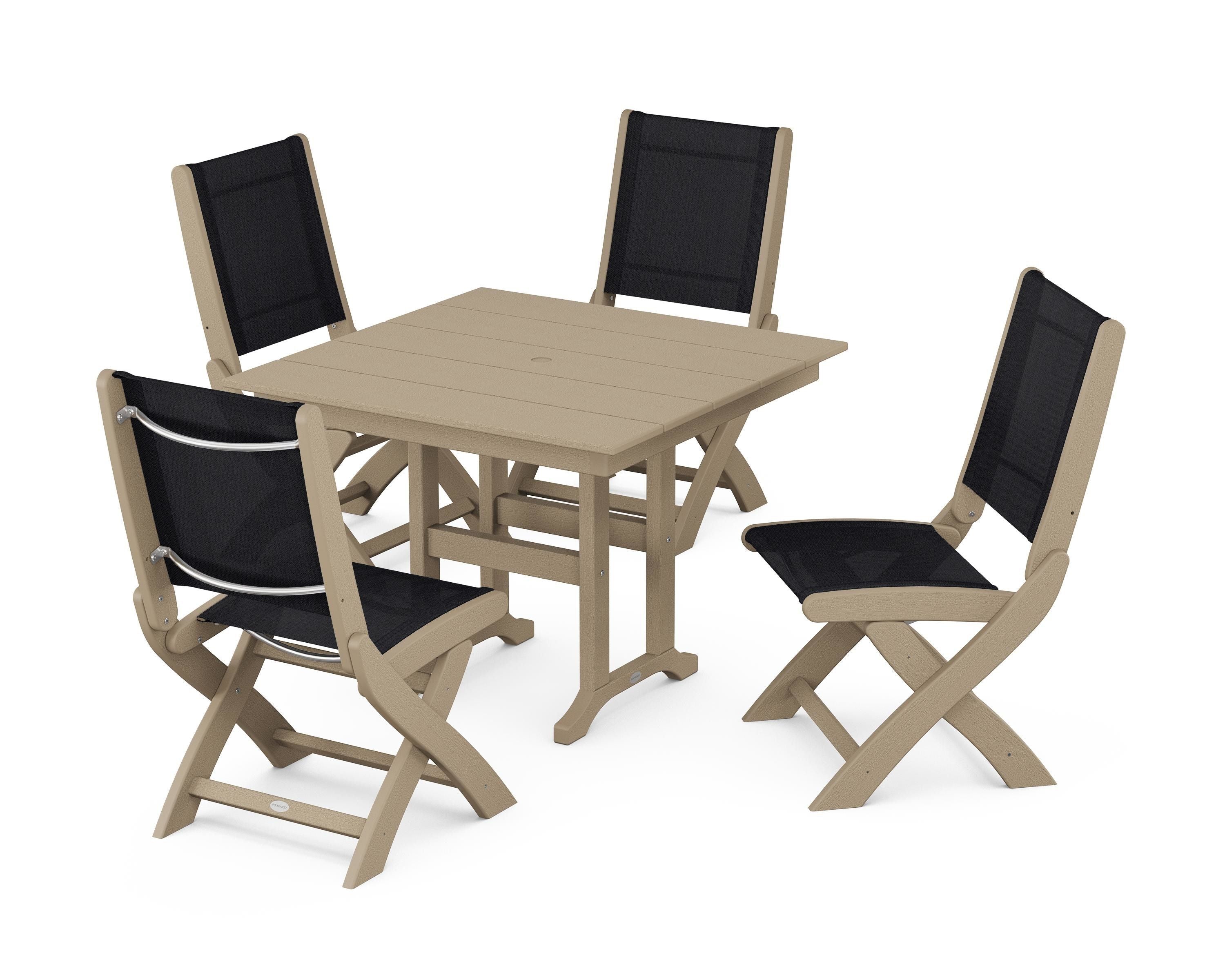 POLYWOOD Coastal Folding Side Chair 5-Piece Farmhouse Dining Set in Vintage Sahara / Black Sling