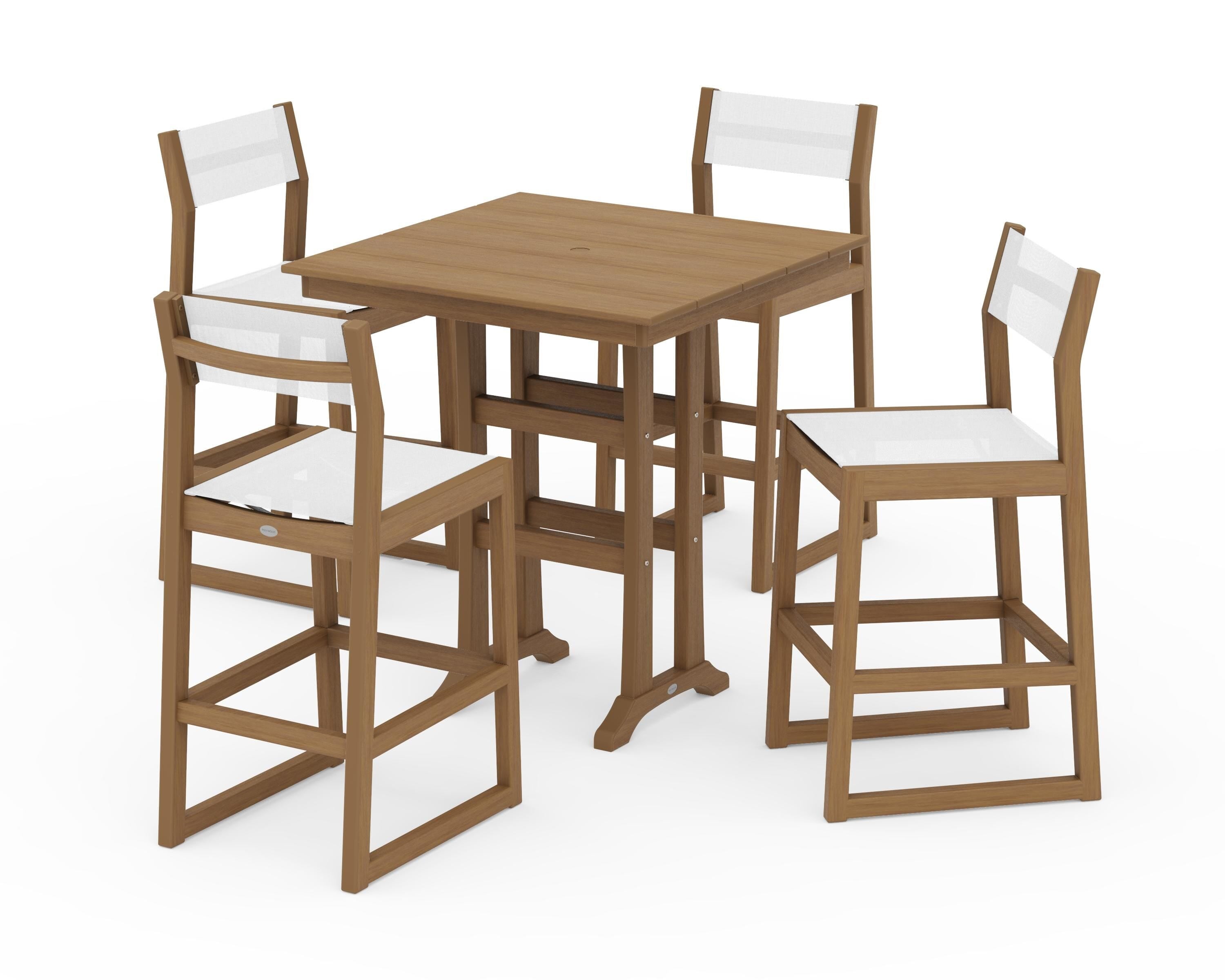 POLYWOOD EDGE Sling Arm Chair 5-Piece Farmhouse Bar Set with Trestle Legs in Natural / White Sling