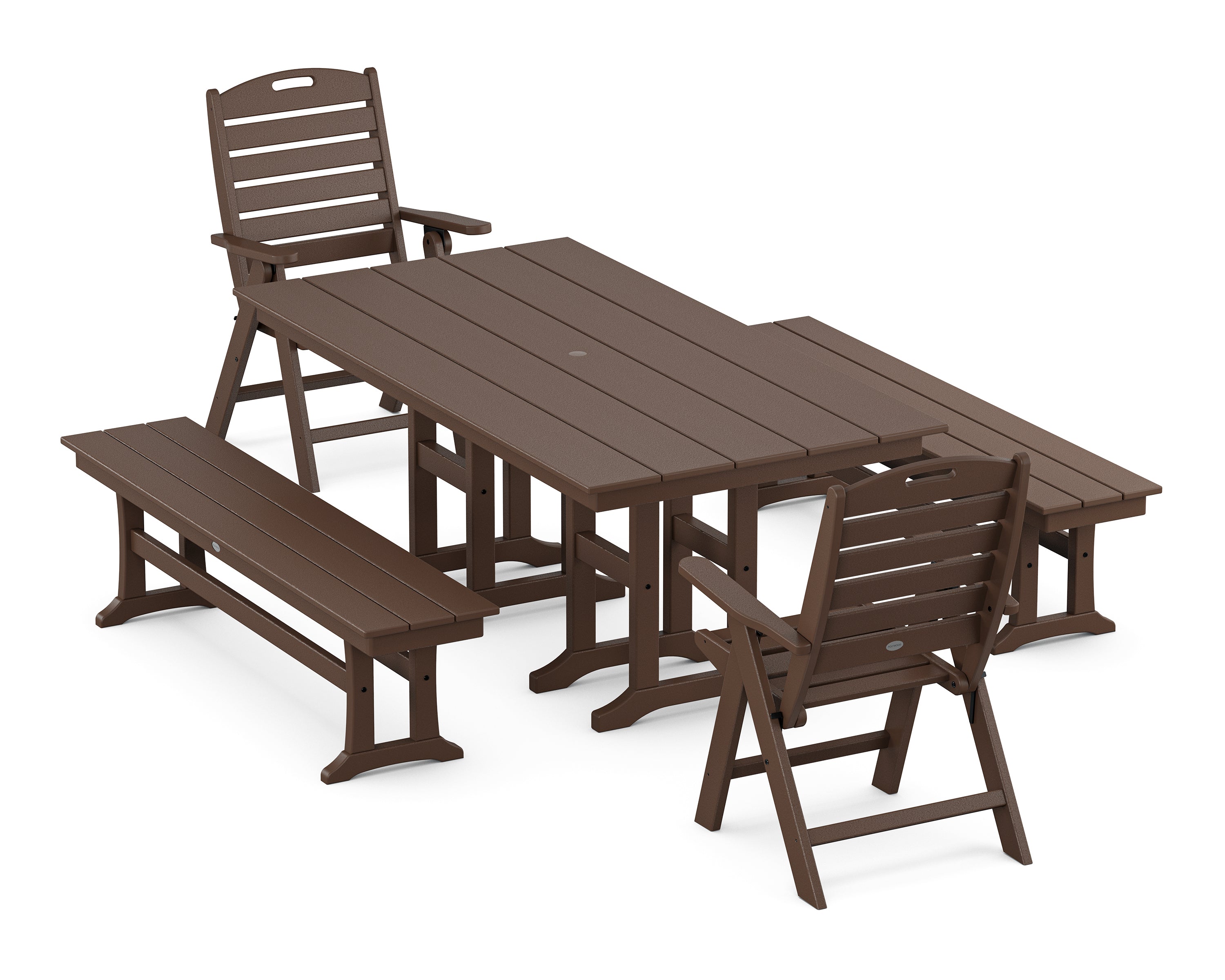 POLYWOOD Nautical Highback 5-Piece Farmhouse Dining Set with Benches in Mahogany