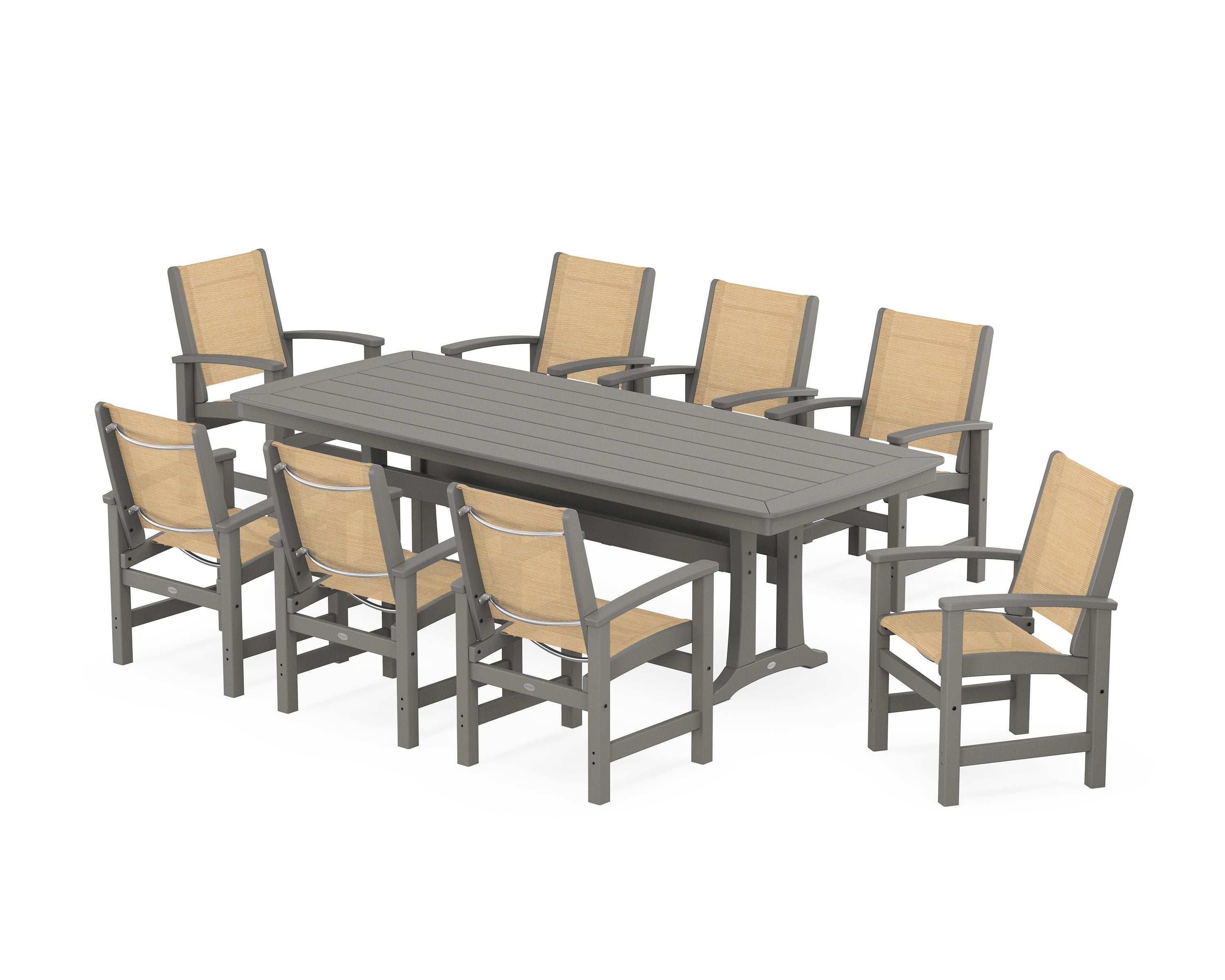 POLYWOOD Coastal 9-Piece Dining Set with Trestle Legs in Slate Grey / Dupioni Apricot Sling