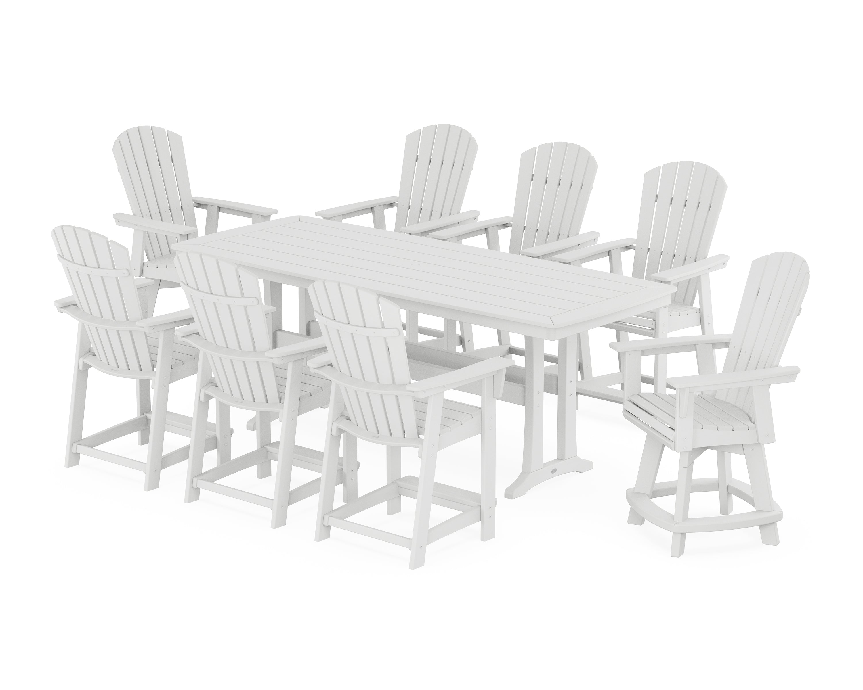 POLYWOOD® Nautical Curveback Adirondack Swivel 9-Piece Counter Set with Trestle Legs in White