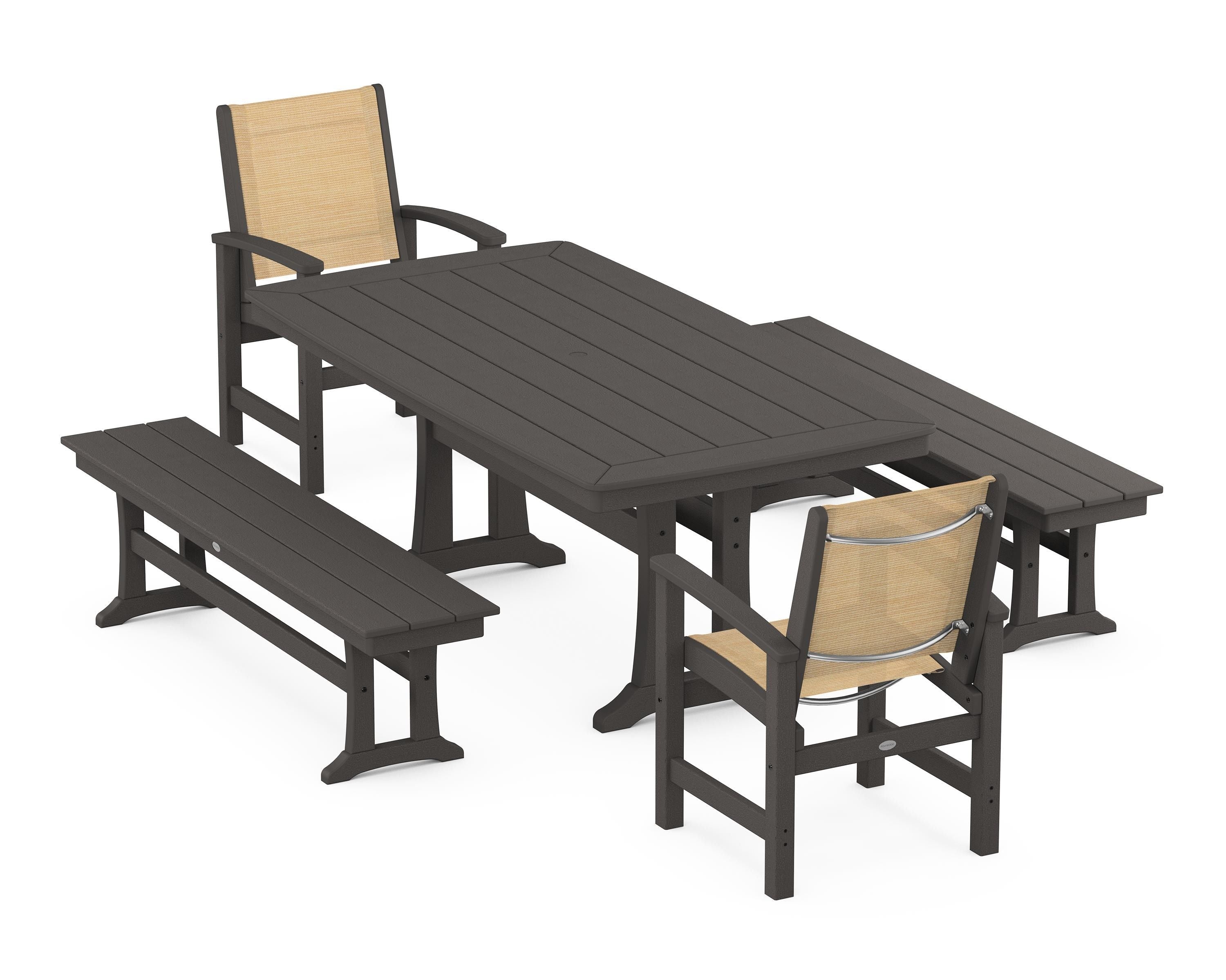 POLYWOOD Coastal 5-Piece Dining Set with Trestle Legs and Benches in Vintage Coffee / Dupioni Apricot Sling