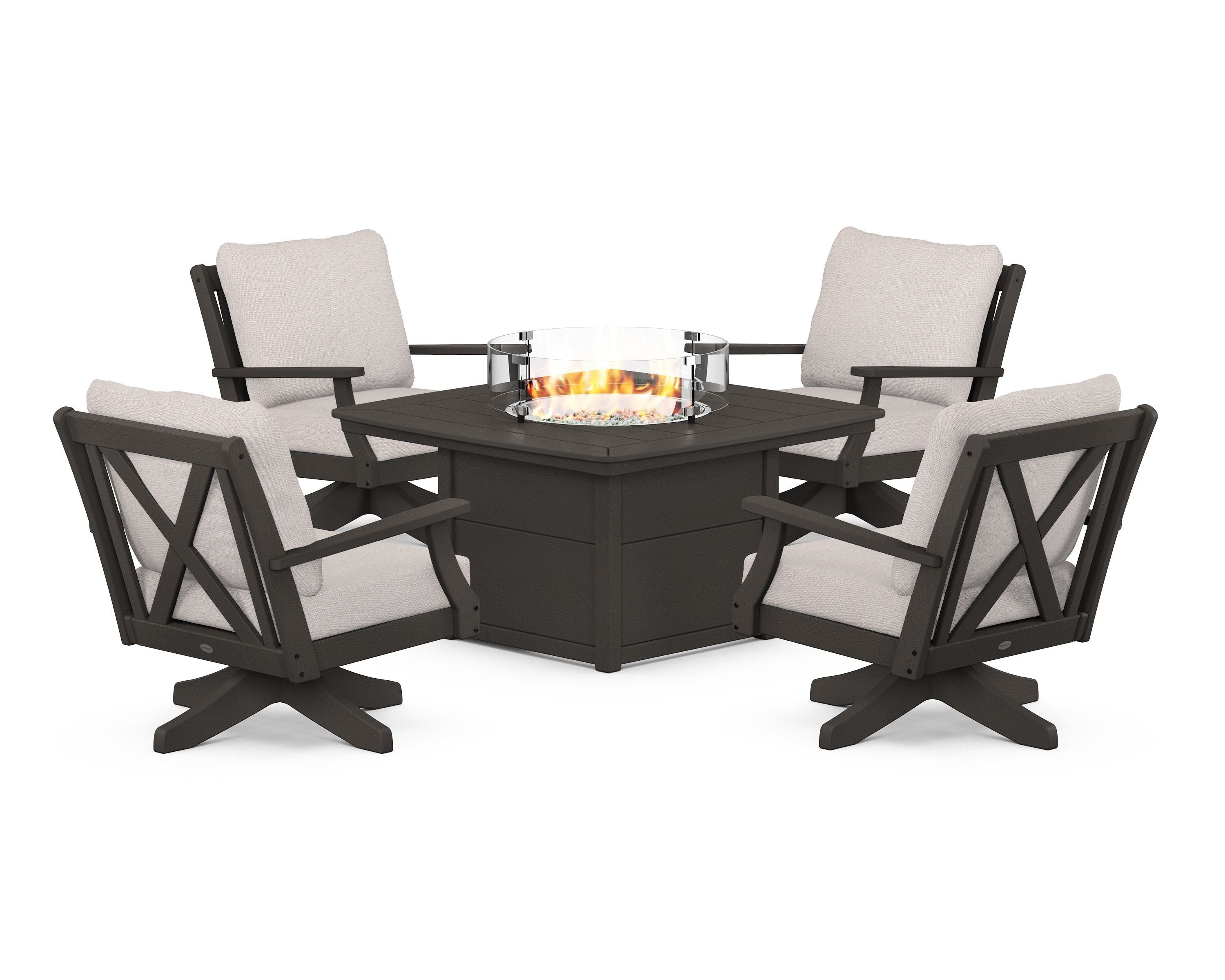 POLYWOOD Braxton 5-Piece Deep Seating Swivel Conversation Set with Fire Pit Table in Vintage Coffee / Dune Burlap