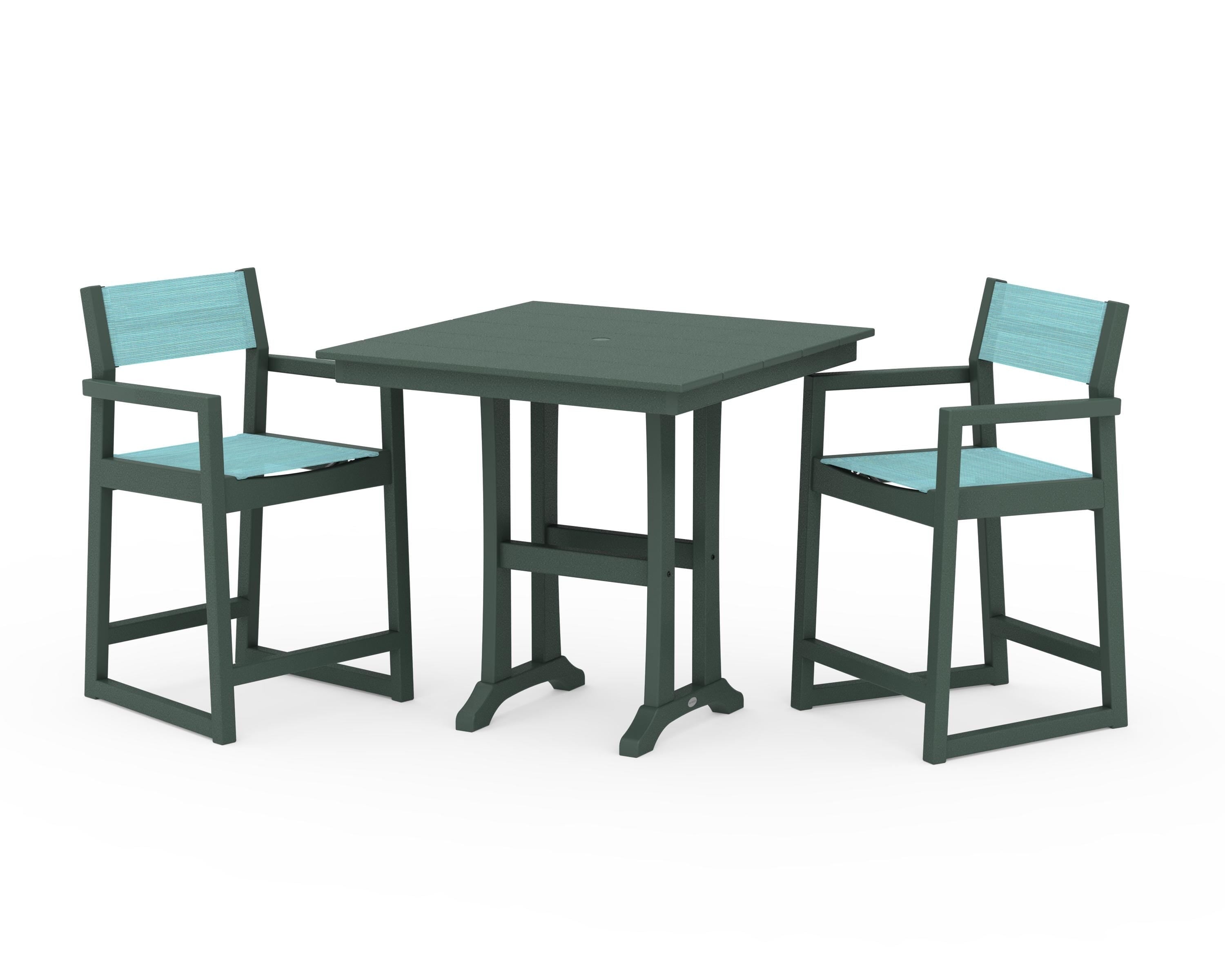 POLYWOOD EDGE Sling Arm Chair 3-Piece Farmhouse Counter Set with Trestle Legs in Green / Dupioni Aquamarine Sling