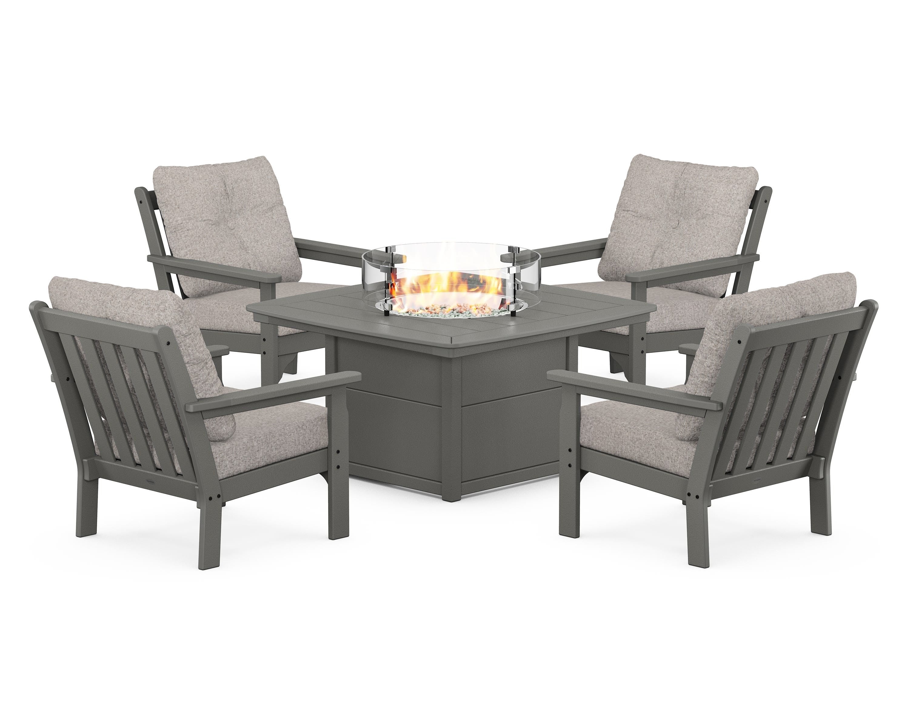 POLYWOOD Vineyard 5-Piece Conversation Set with Fire Pit Table in Slate Grey / Weathered Tweed