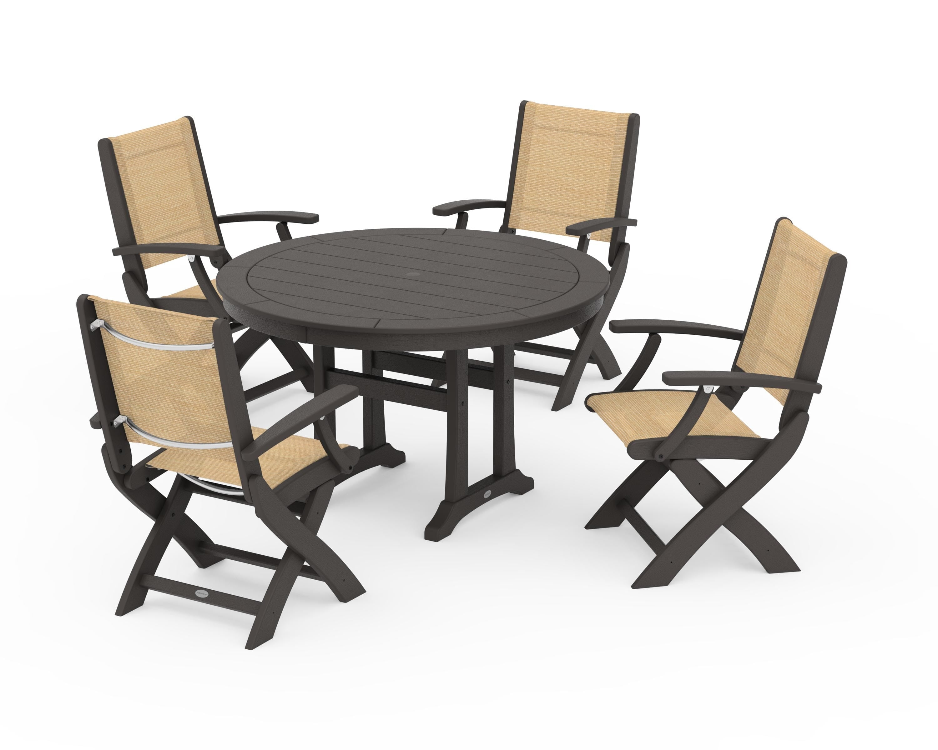 POLYWOOD Coastal Folding Chair 5-Piece Round Dining Set with Trestle Legs in Vintage Coffee / Dupioni Apricot Sling