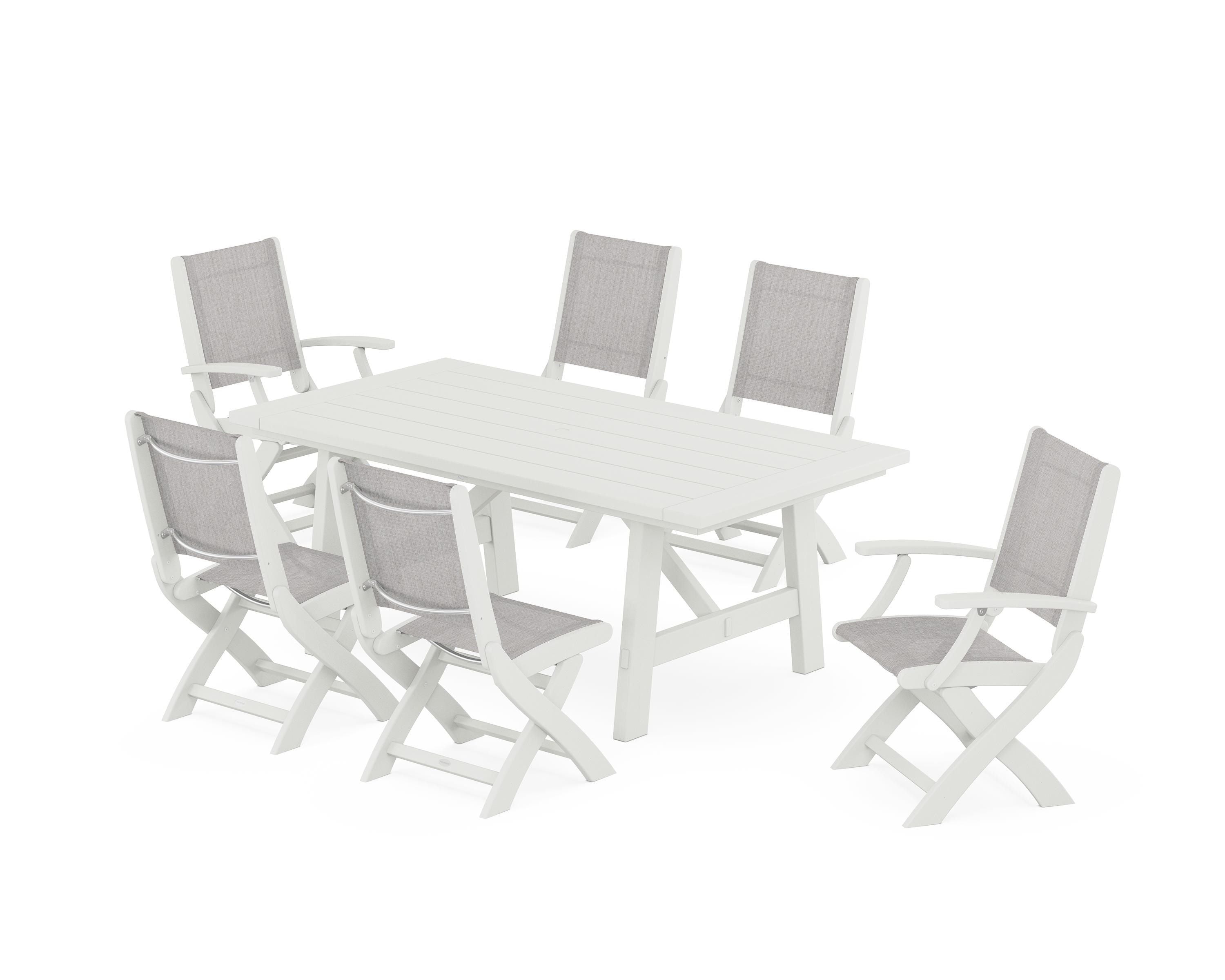 POLYWOOD Coastal Folding Chair 7-Piece Rustic Farmhouse Dining Set in Vintage White / Parchment Sling