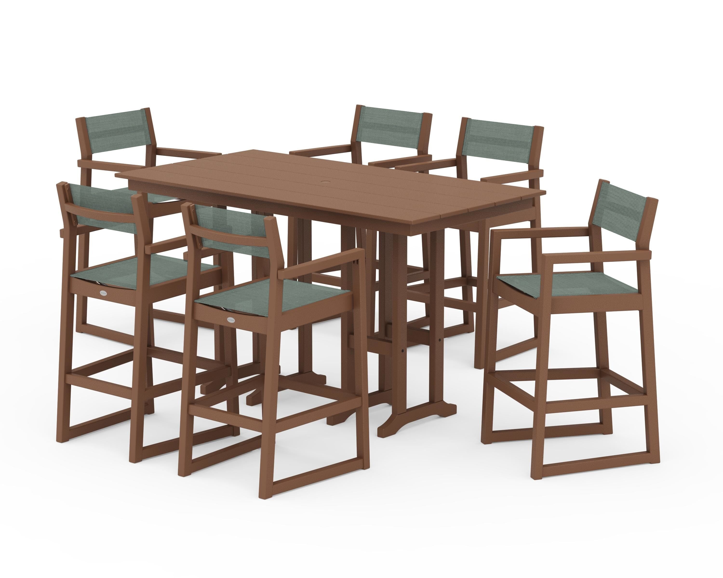 POLYWOOD EDGE Sling Arm Chair 7-Piece Farmhouse Bar Set in Teak / Dupioni Sea Mist Sling