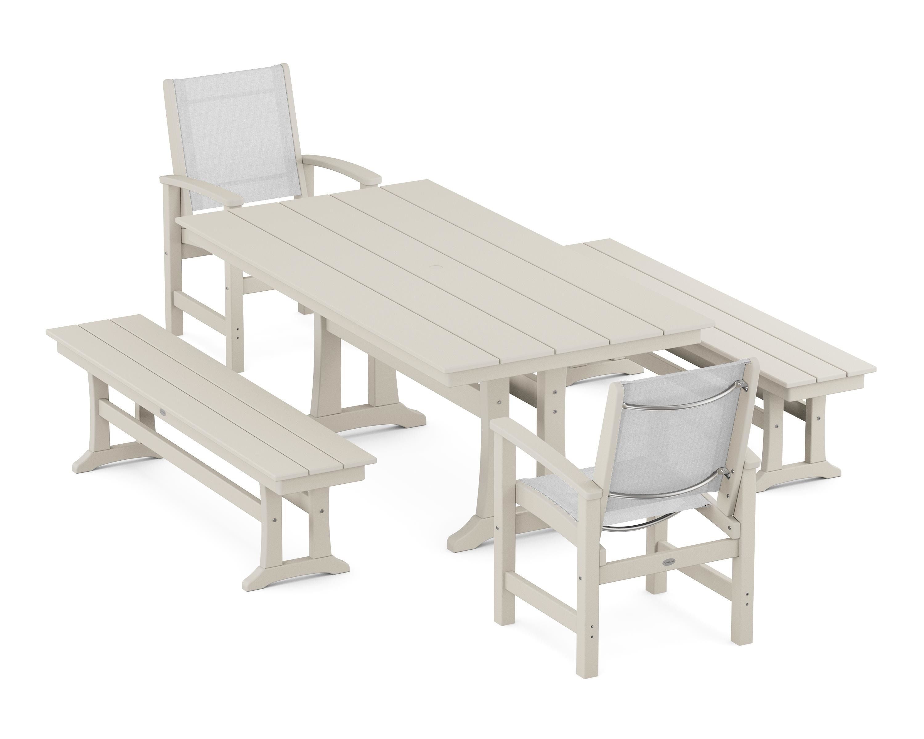 POLYWOOD Coastal 5-Piece Farmhouse Dining Set with Trestle Legs and Benches in Sand / White Sling
