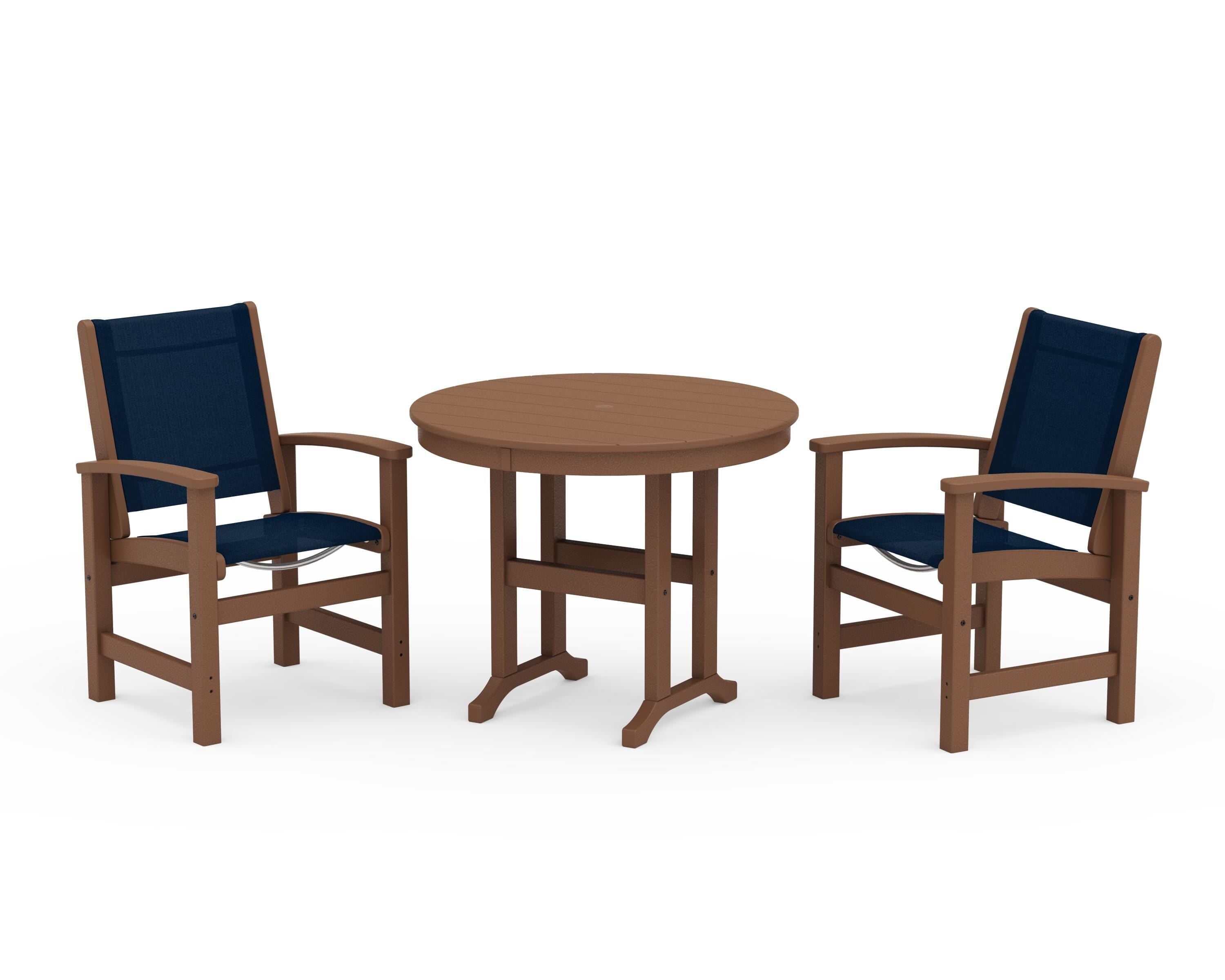 POLYWOOD Coastal 3-Piece Round Dining Set in Teak / Navy Blue Sling