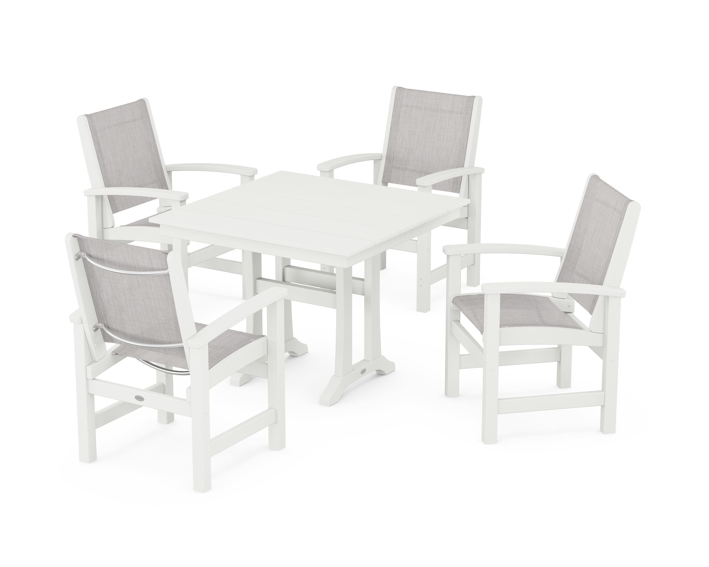 POLYWOOD Coastal 5-Piece Farmhouse Dining Set With Trestle Legs in Vintage White / Parchment Sling
