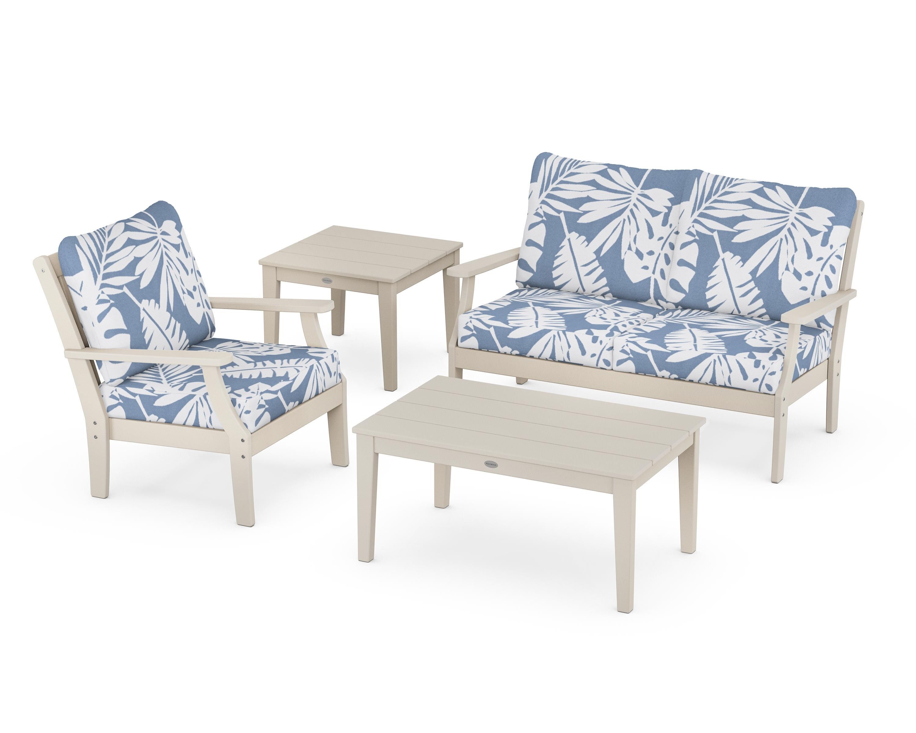POLYWOOD Braxton 4-Piece Deep Seating Set in Sand / Leaf Sky Blue