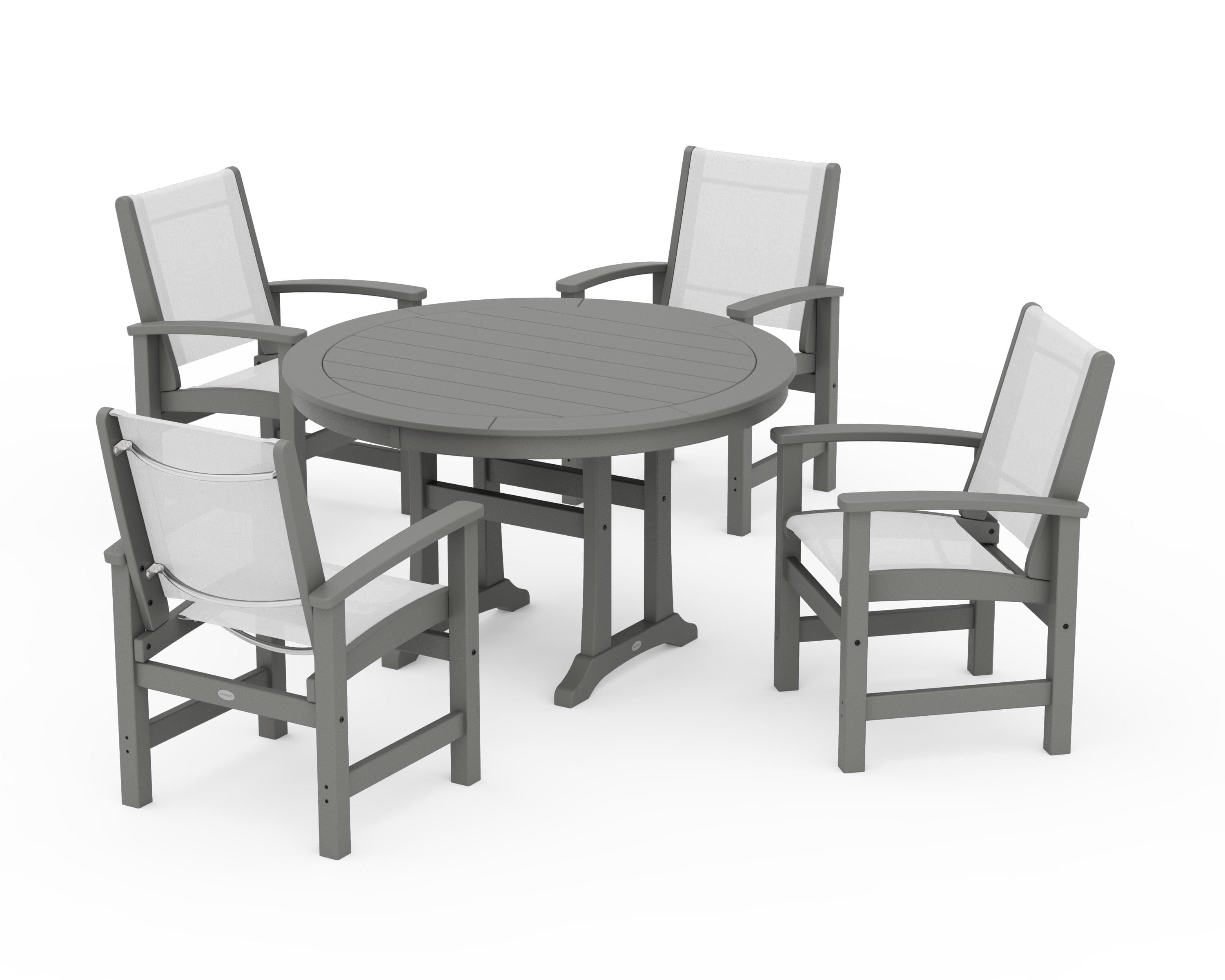 POLYWOOD Coastal 5-Piece Round Dining Set with Trestle Legs in Slate Grey / White Sling