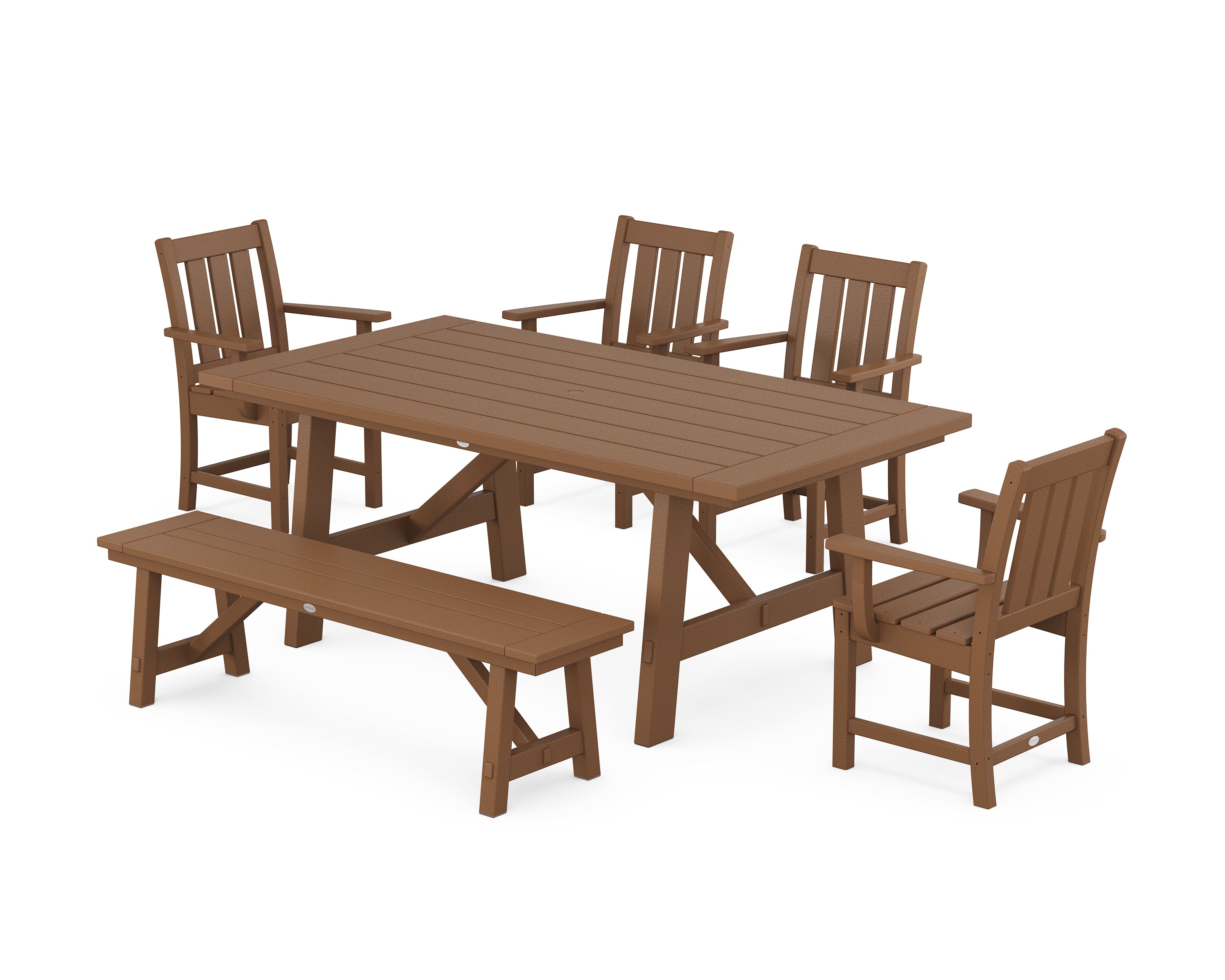 POLYWOOD Oxford 6-Piece Rustic Farmhouse Dining Set with Bench in Teak