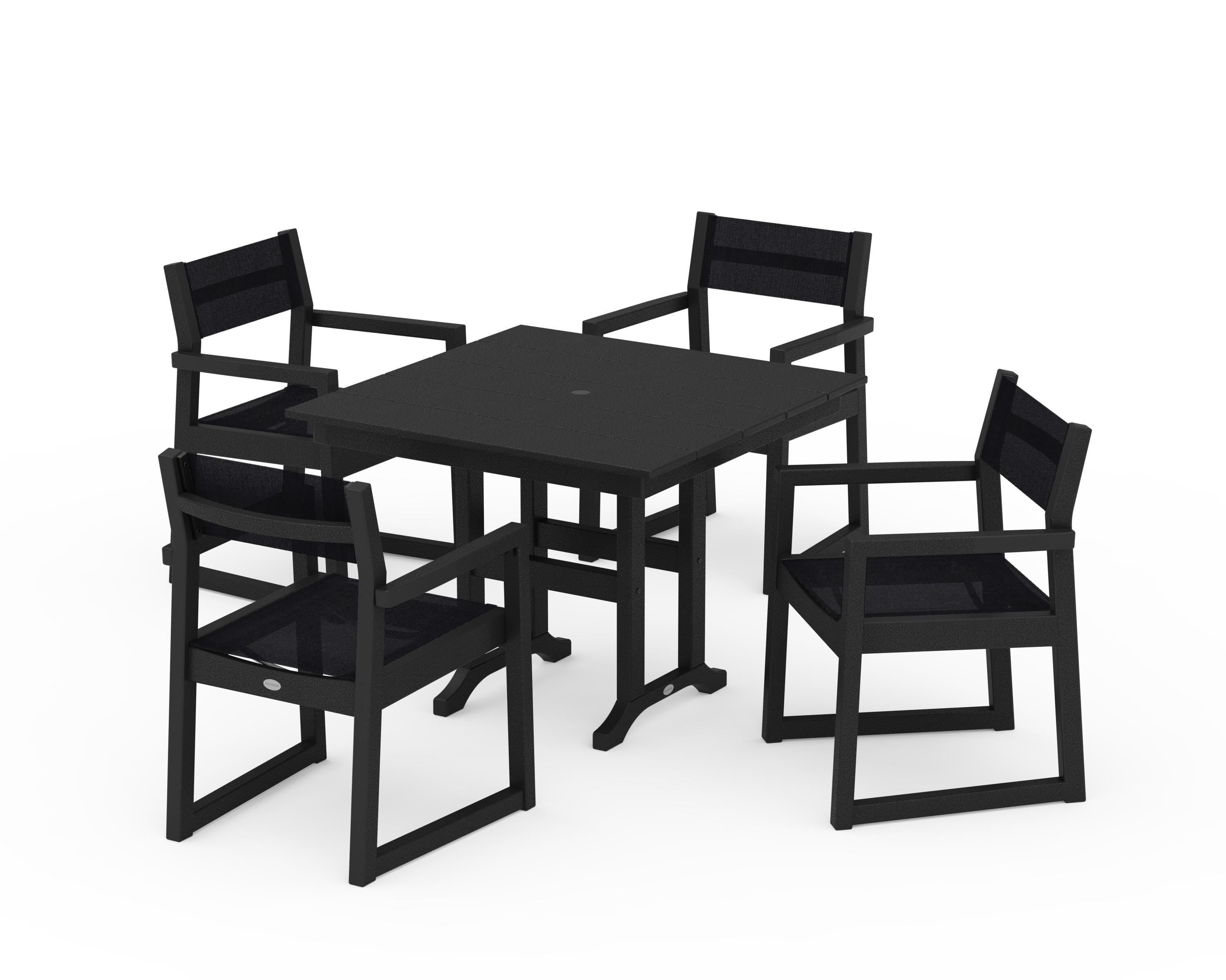 POLYWOOD EDGE Sling Arm Chair 5-Piece Farmhouse Dining Set in Black / Black Sling