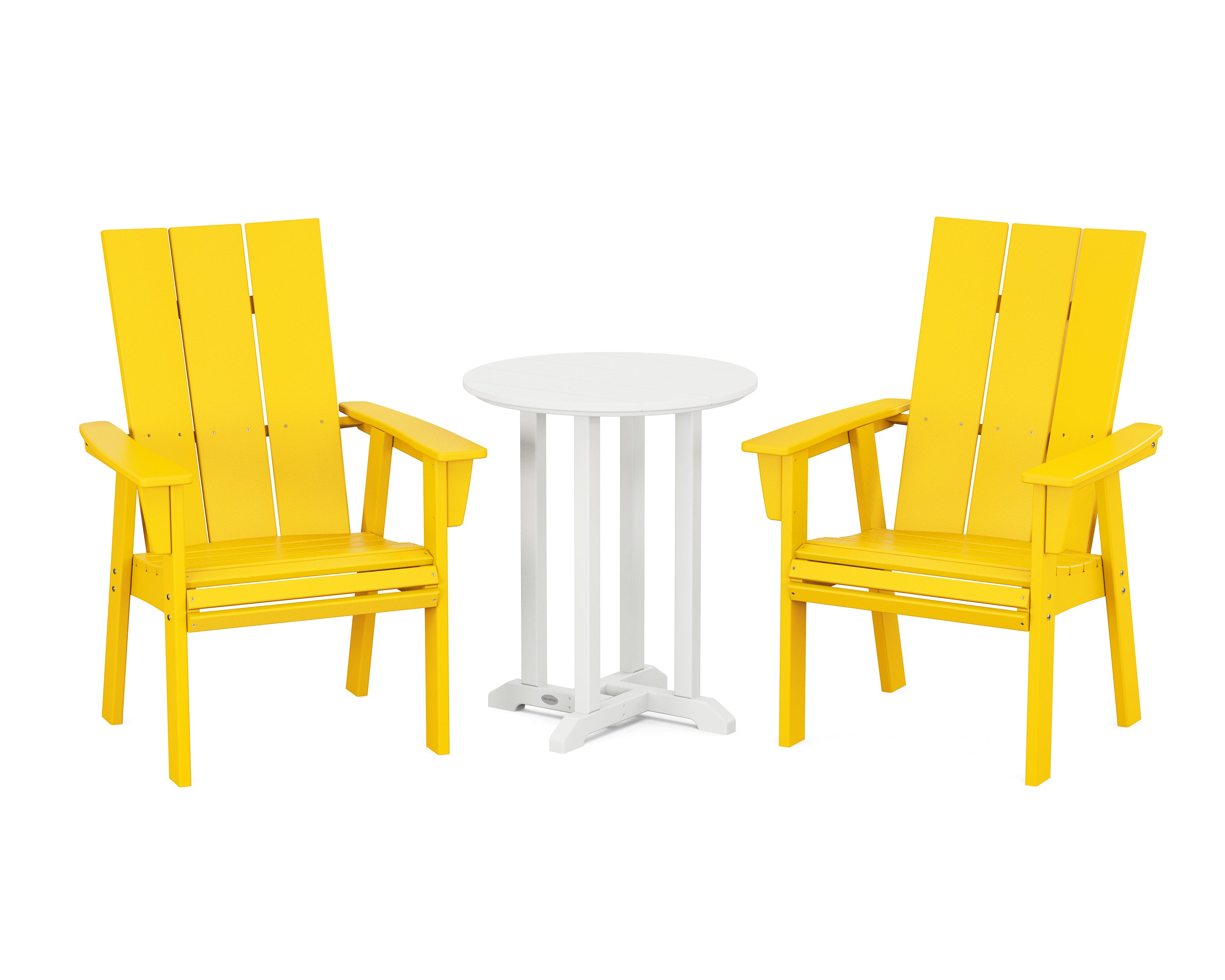 POLYWOOD® Modern Curveback Adirondack 3-Piece Round Dining Set in Lemon / White