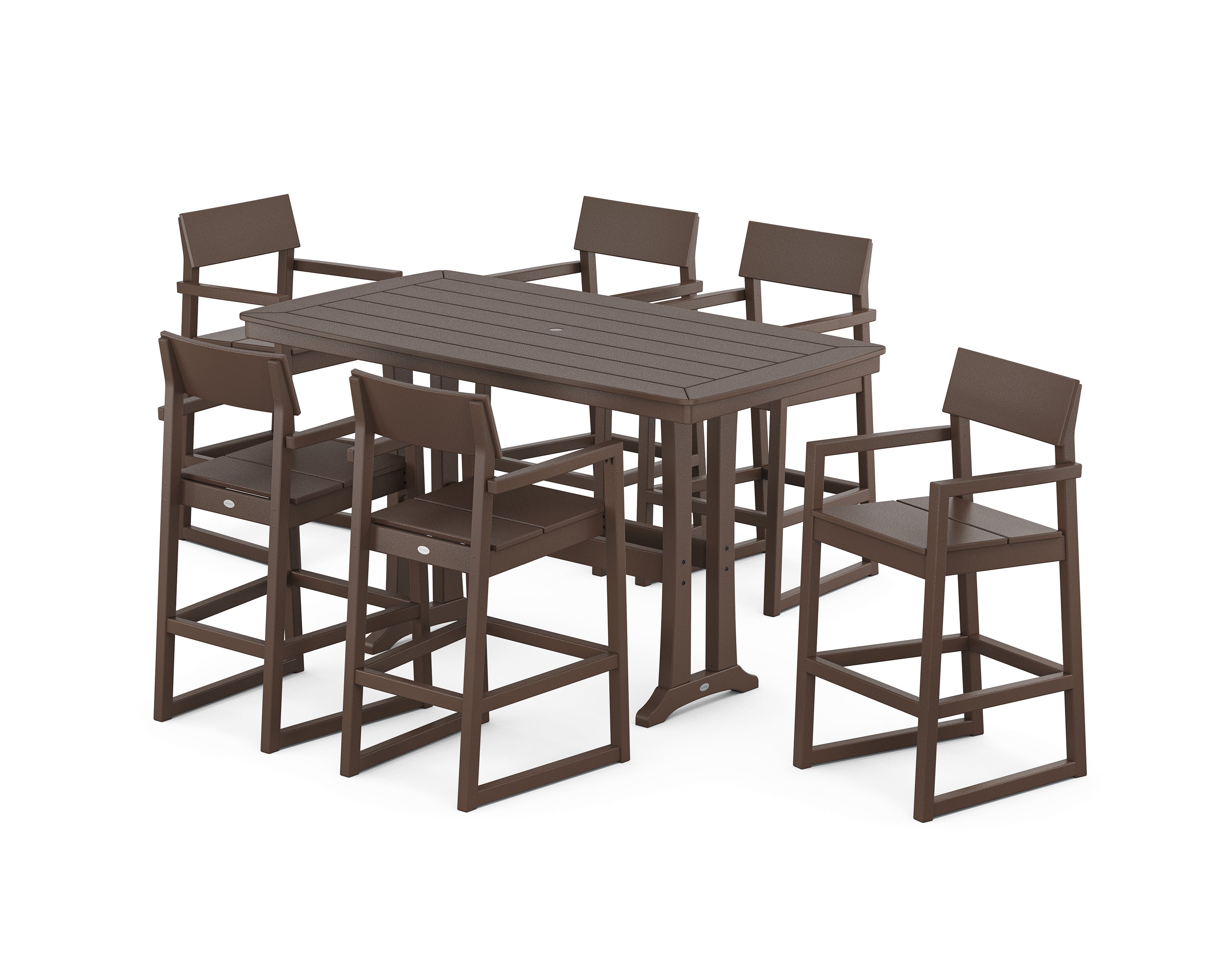 POLYWOOD EDGE Arm Chair 7-Piece Bar Set with Trestle Legs in Mahogany