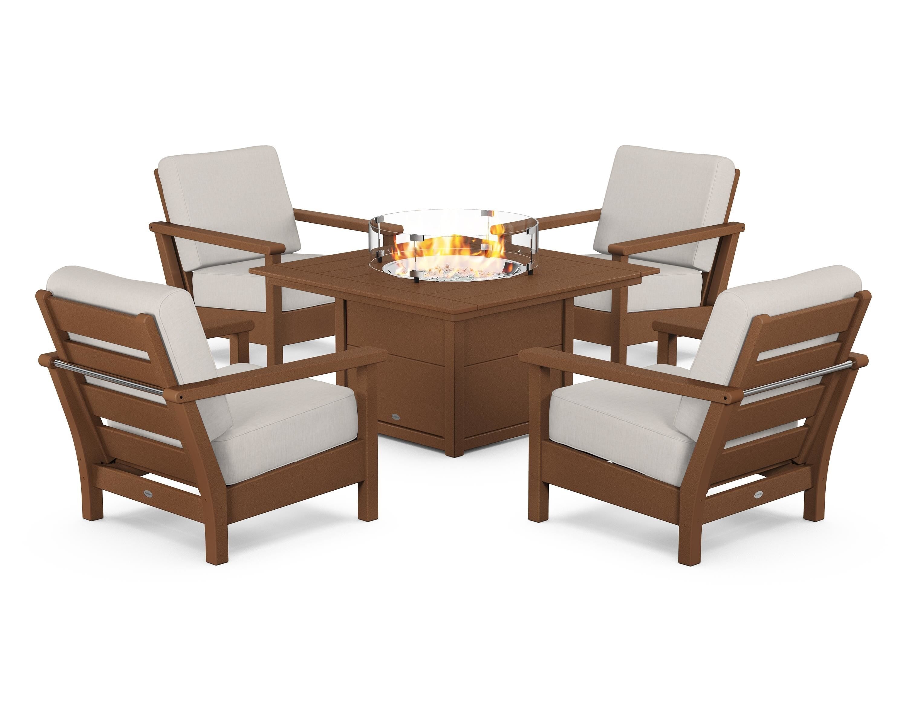 POLYWOOD Harbour 5-Piece Conversation Set with Fire Pit Table in Teak / Cast Ash