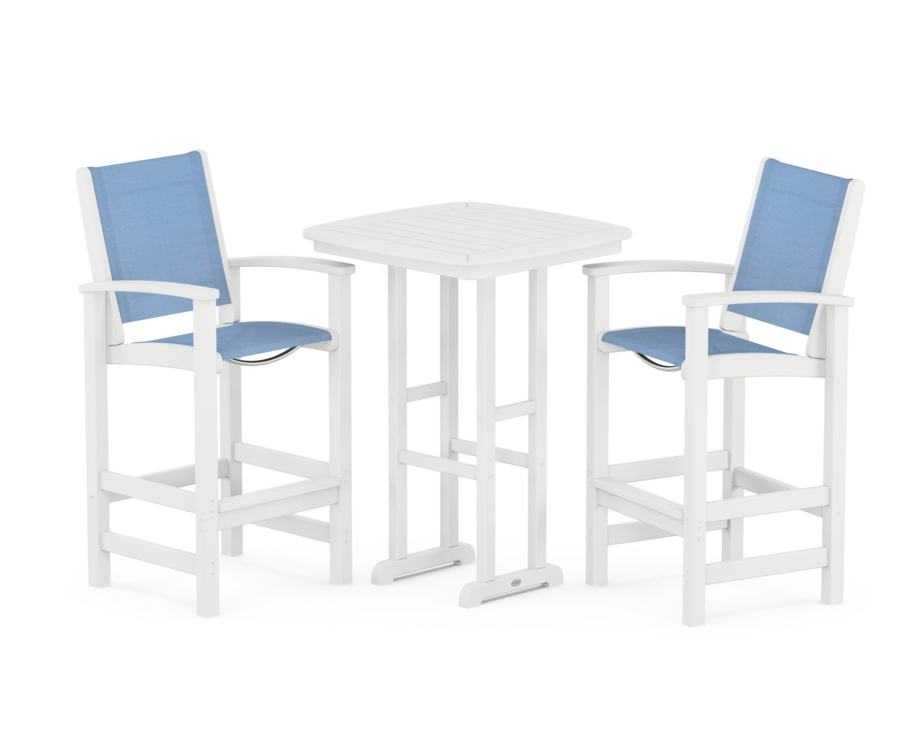 POLYWOOD Coastal 3-Piece Bar Set in White / Poolside Sling
