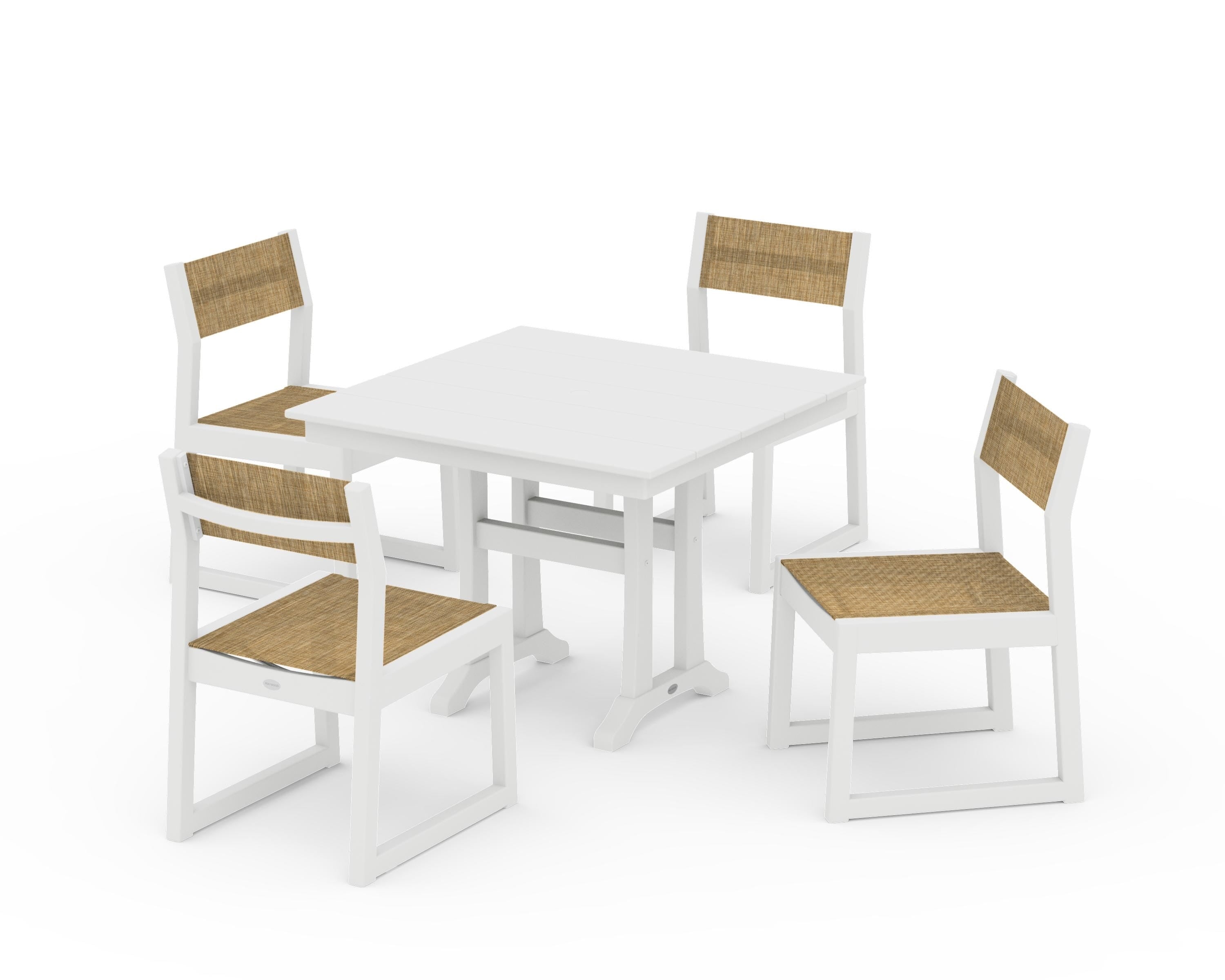 POLYWOOD EDGE Sling 5-Piece Farmhouse Trestle Side Chair Dining Set in White / Burlap Sling
