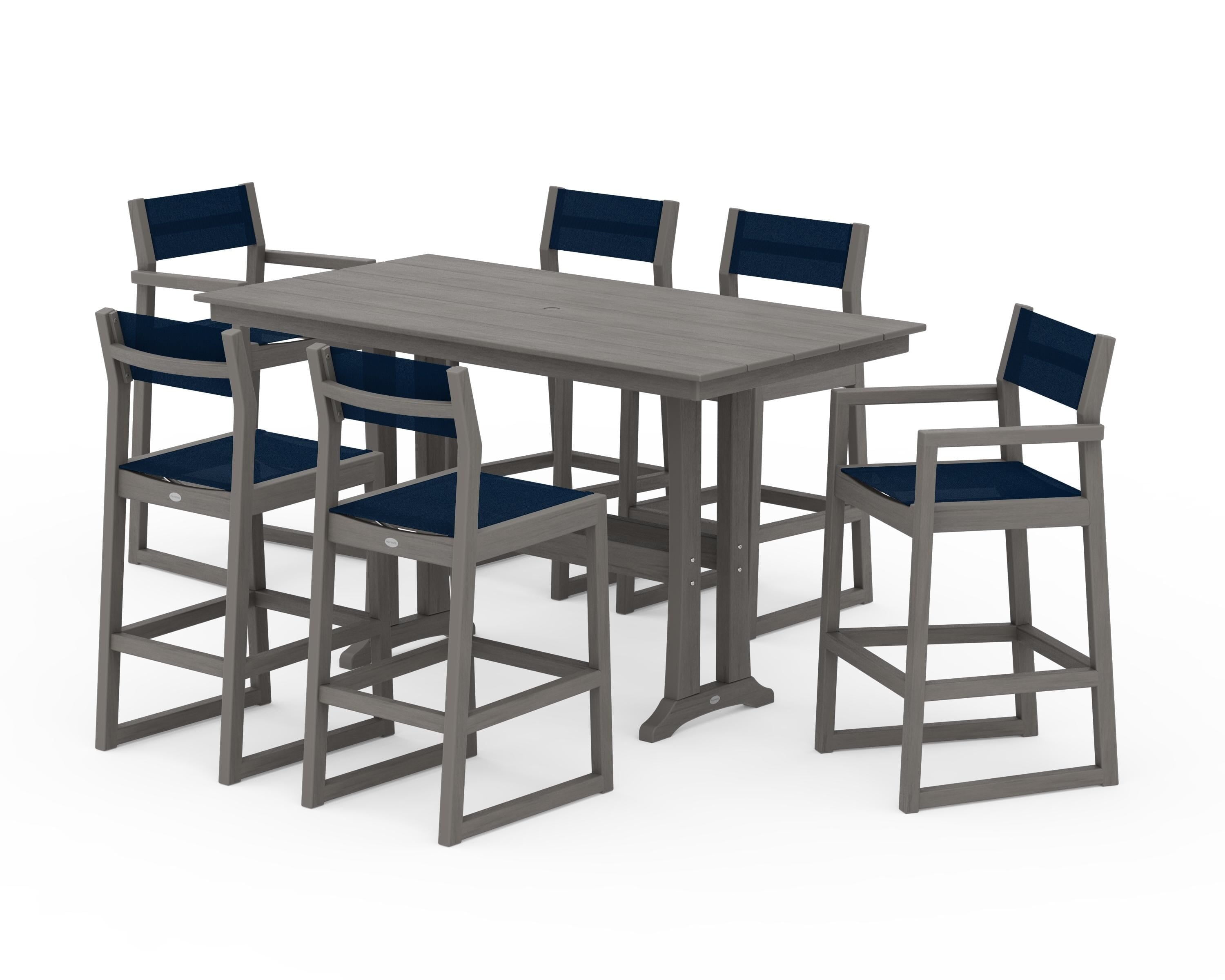 POLYWOOD EDGE Sling 7-Piece Farmhouse Bar Set with Trestle Legs in Driftwood / Navy Blue Sling