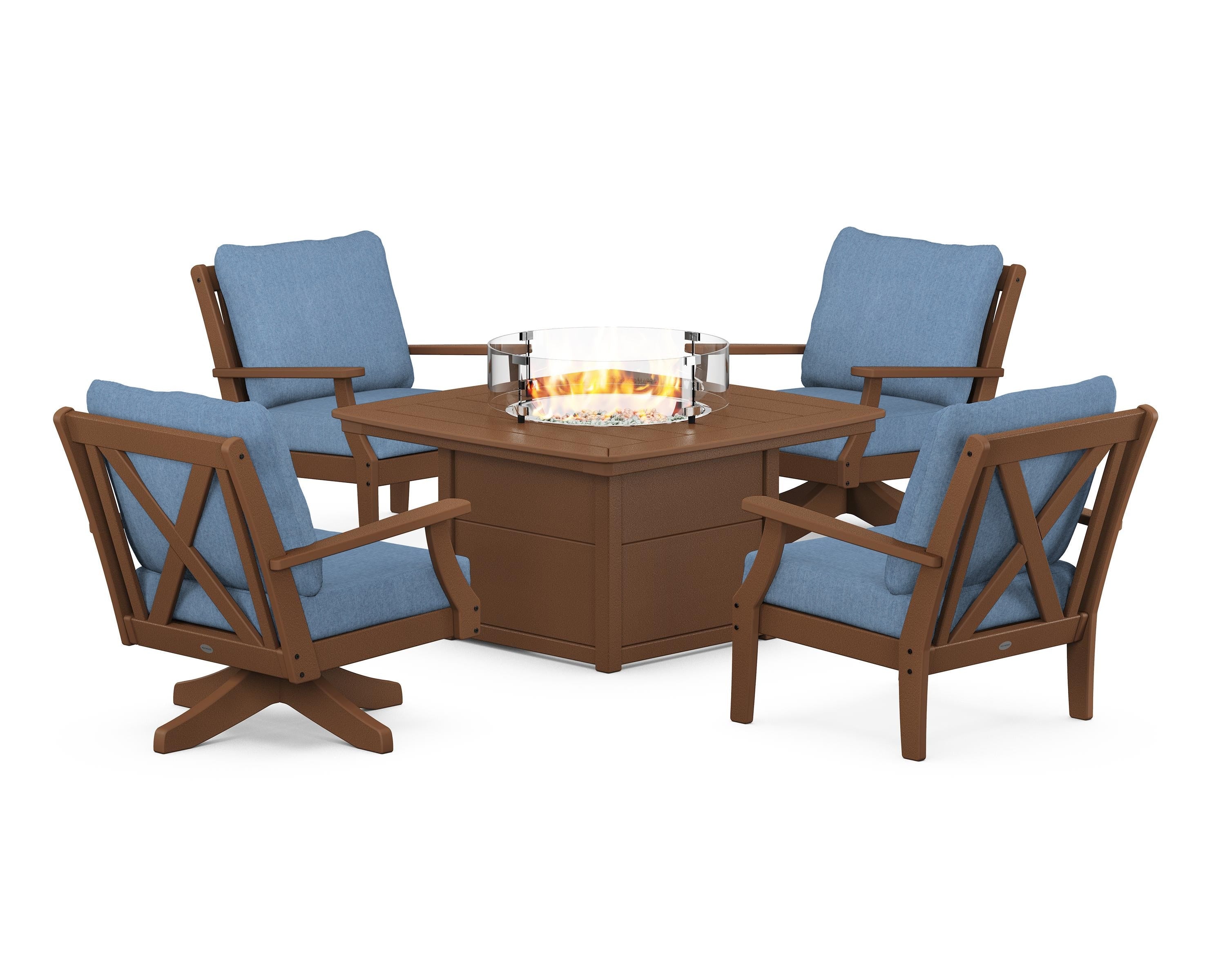 POLYWOOD Braxton 5-Piece Deep Seating Set with Fire Table in Teak / Sky Blue