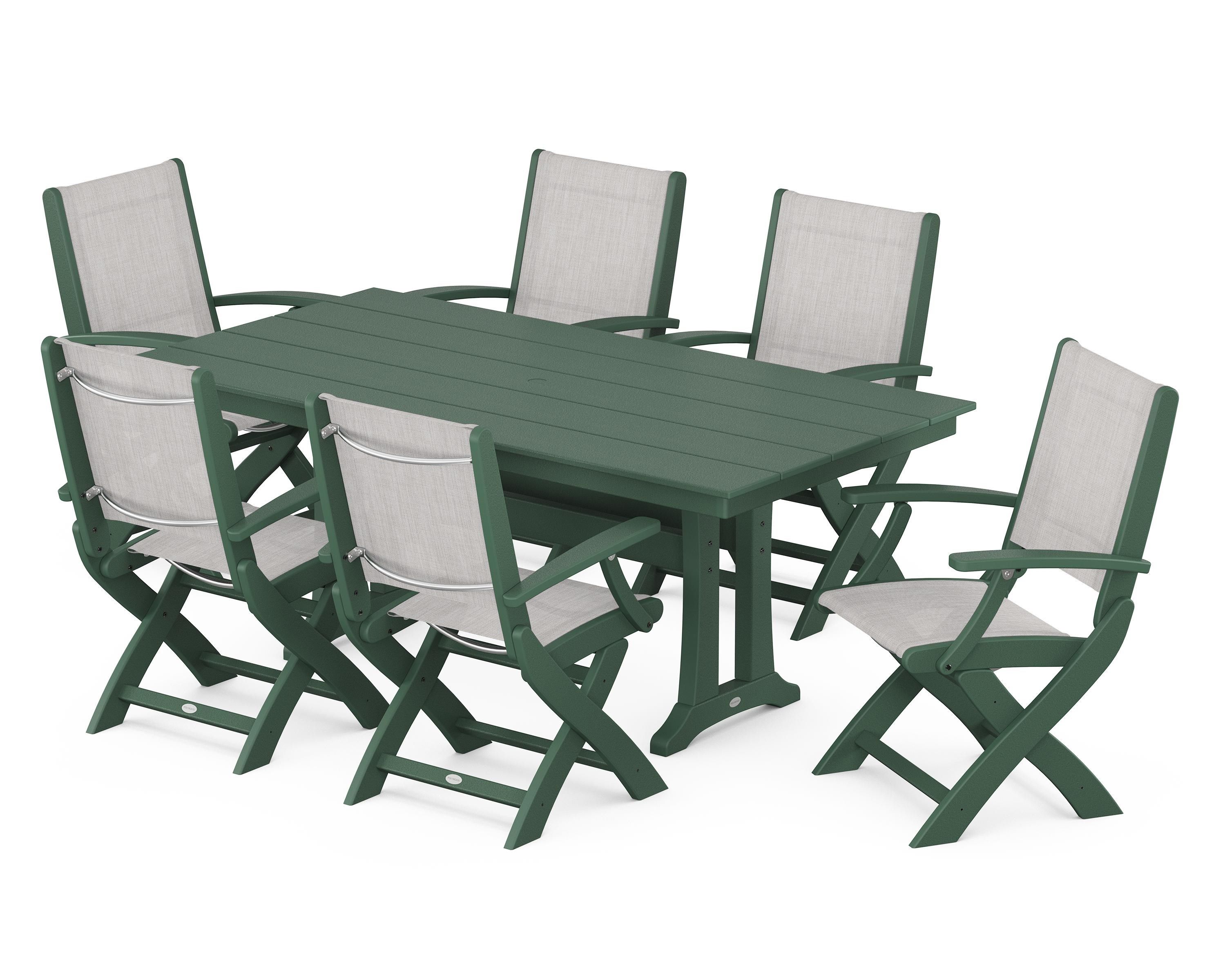 POLYWOOD Coastal Folding Arm Chair 7-Piece Farmhouse Dining Set with Trestle Legs in Green / Parchment Sling